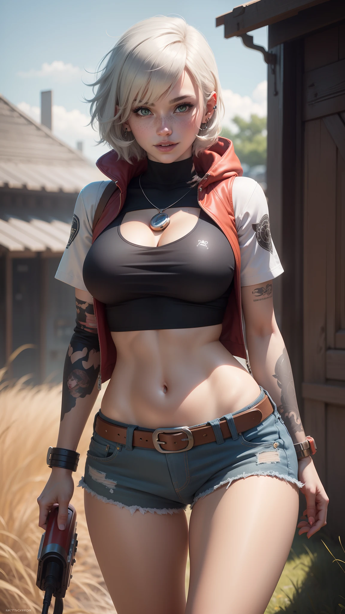 gwen tennyson,tracer,y'shtola rhul,yorha 2b,overwatch,nier automata,mecha pilot,ranch,tattoos,orange and pink plugsuit,white short sleeve rancher top,denim micro shorts,uncovered belly,short hair,punk makeup,green eyes,multicolored silver hair,sexy smile,freckles,beautiful girl,large breasts,8k,ultra detailed,realistic,fantasy art,ear piercings,rancher uniform,saiyan girl,short sleeve cowboy hoodie,corn field,walking,chain necklace,straw hat,