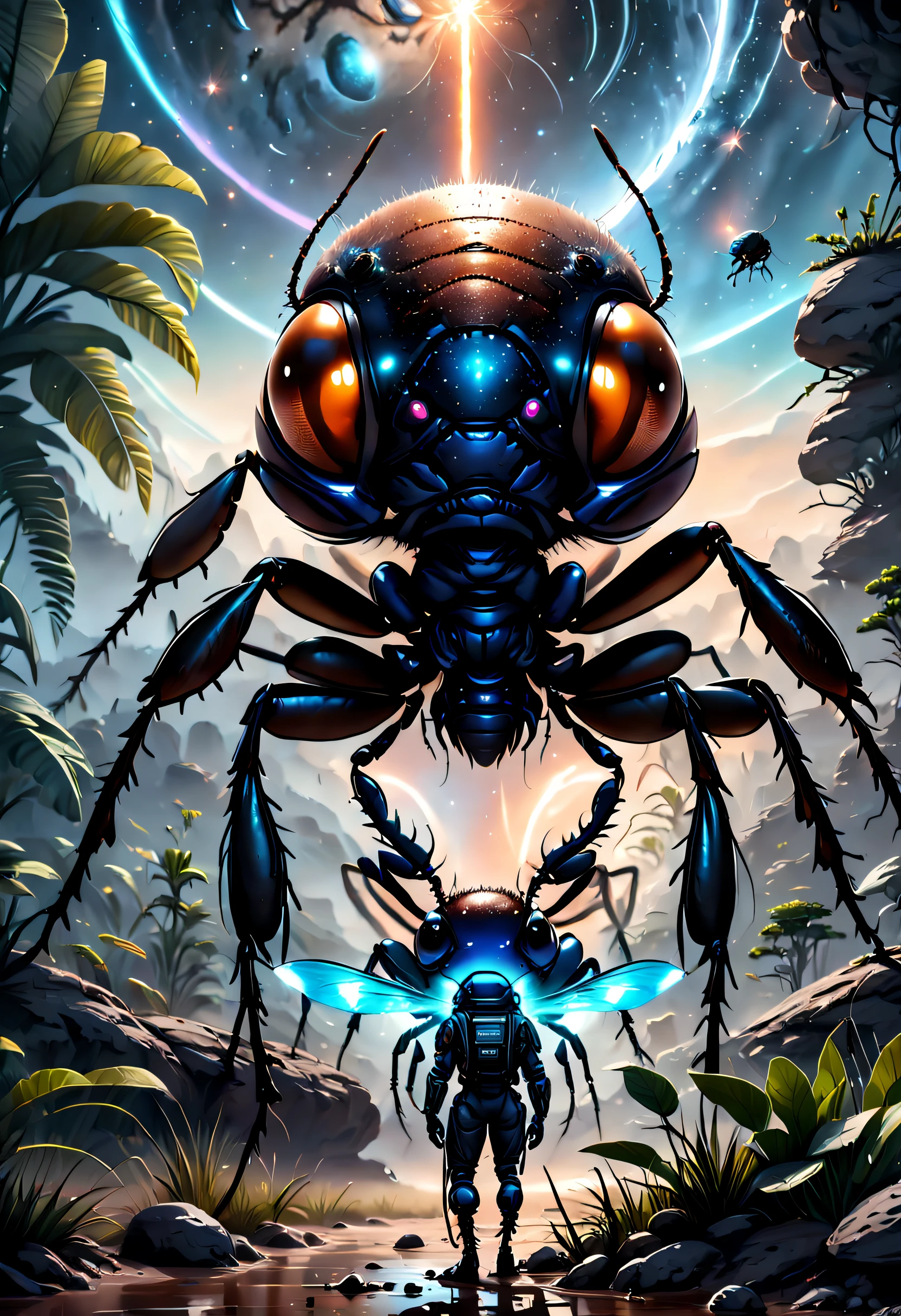(Best quality, 4K, 8K, A high resolution, Masterpiece:1.2), Ultra-detailed, (Realistic, Photorealistic, photo-realistic:1.37),A giant ant breaks into the galaxy,Meticulous giant ants,As big as a planet,ultra-realistic realism,Epic dreams,Beautiful sci-fi art,science fiction digital art,Futuristic starry sky background,Beautiful sci-fi art, Science-fi digital art illustration, Digital cyberpunk art, science fiction digital painting, futuristic digital painting, futuristic concept art, In front of the sci-fi starry sky landscape, science fiction digital art, Advanced digital cyberpunk art, Fantastic cyberpunk ants