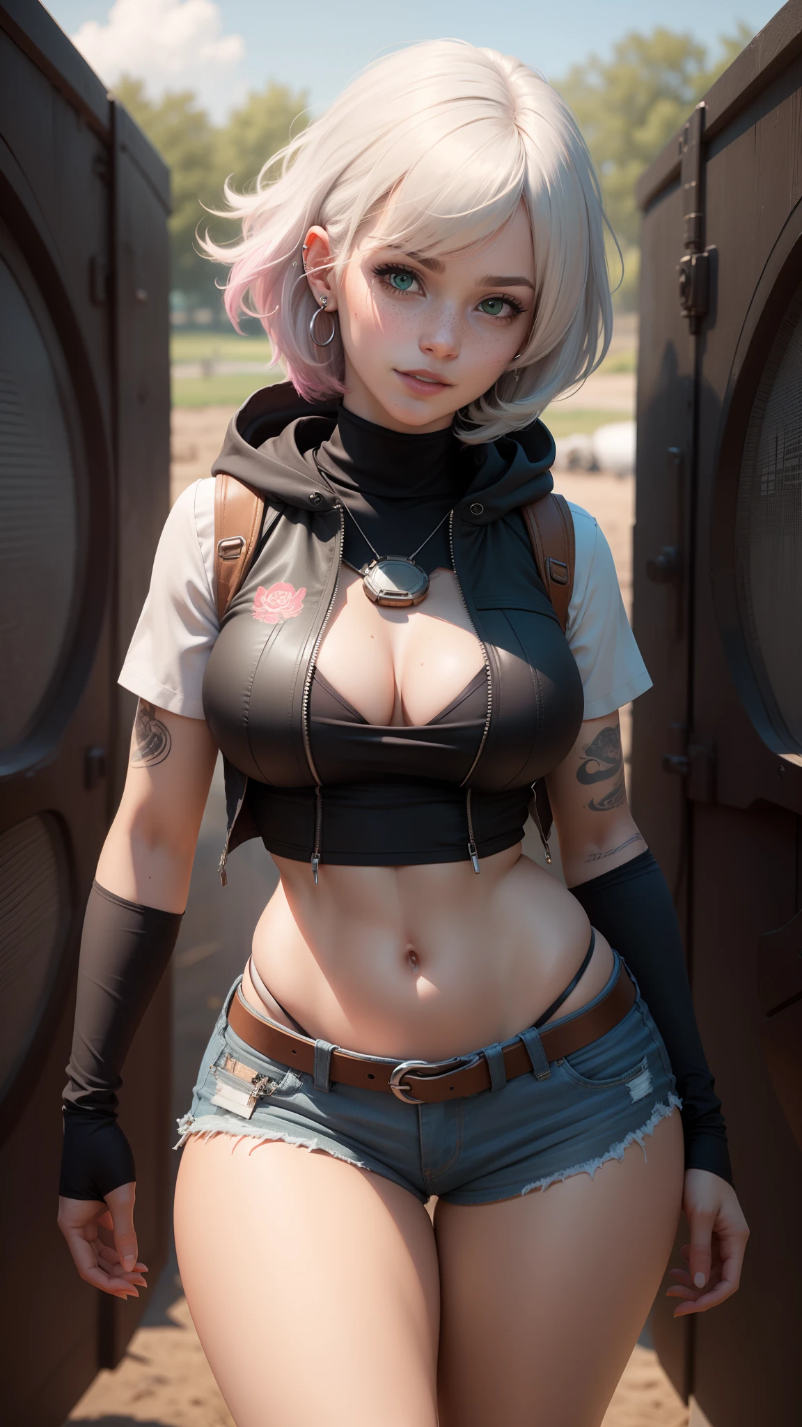 gwen tennyson,tracer,y'shtola rhul,yorha 2b,overwatch,nier automata,mech pilot,cow farm,tattoos,orange and pink plugsuit,short sleeve cat keyhole top,denim micro shorts,uncovered belly,short hair,punk makeup,green eyes,multicolored silver hair,sexy smile,freckles,beautiful girl,large breasts,8k,ultra detailed,realistic,fantasy art,ear piercings,rancher uniform,saiyan girl,cowboy hoodie vest,cowboy belt,hay field,walking,goth necklace,wet body,