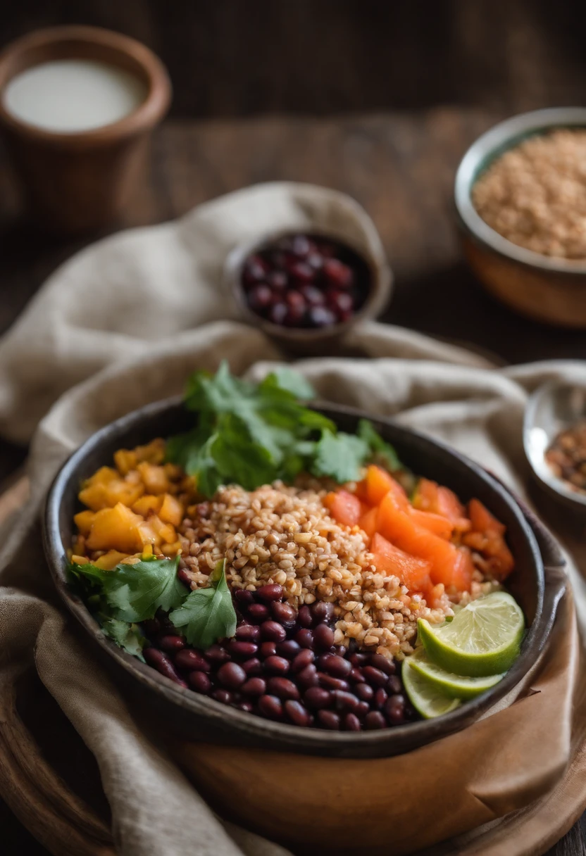 A composition of acai bowl, Black beans with brown rice, grilled salmon, abacate e quinoa. Highlight the freshness and appetizing presentation of the food, emphasizing the vibrant cores and the sense of health they convey. Describe the natural lighting that brings out the details of the food and the wooden background that contributes to the moderation of the scene