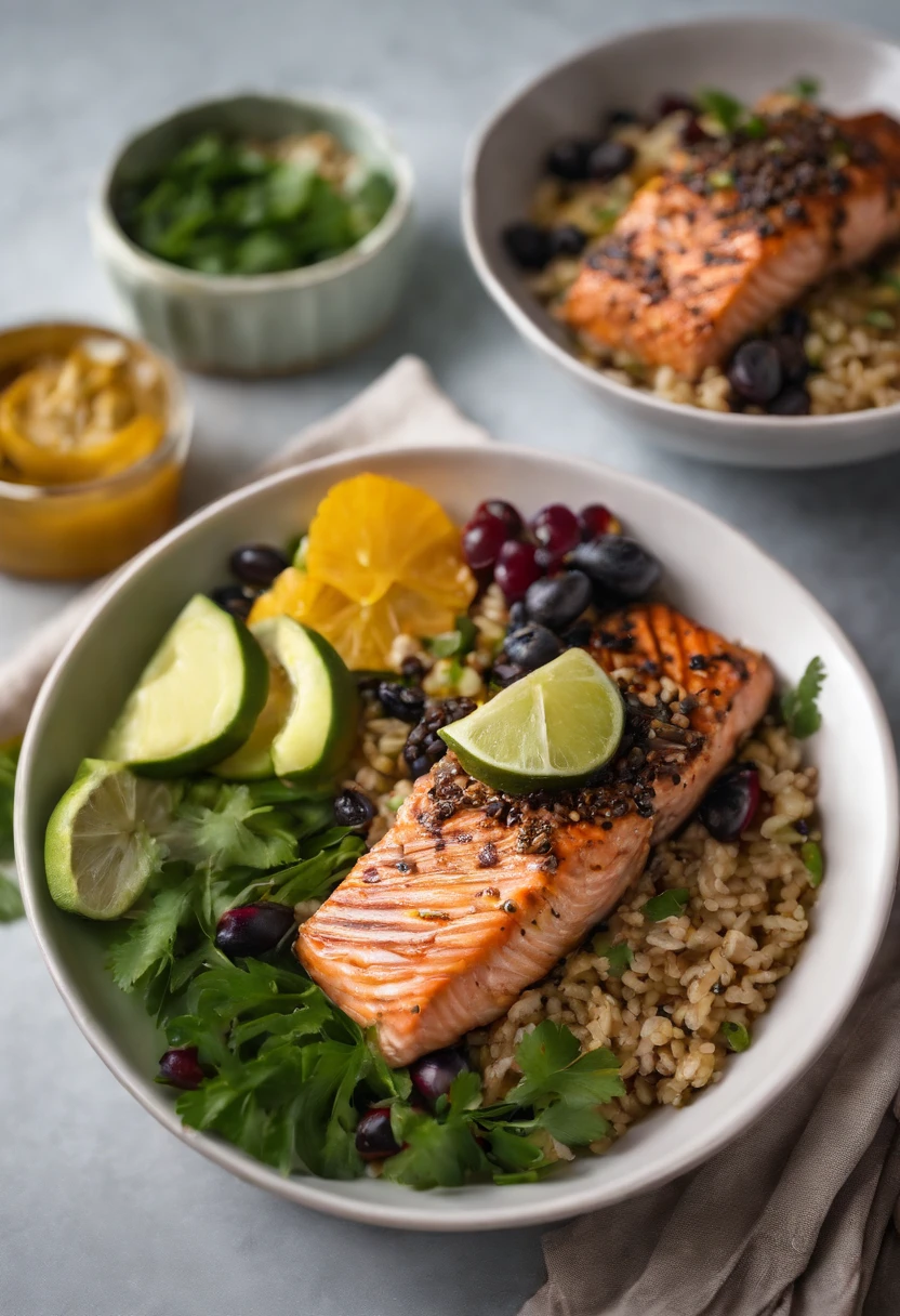 A composition of acai bowl, Black beans with brown rice, grilled salmon, abacate e quinoa. Highlight the freshness and appetizing presentation of the food, emphasizing the vibrant cores and the sense of health they convey. Describe the natural lighting that brings out the details of the food and the wooden background that contributes to the moderation of the scene