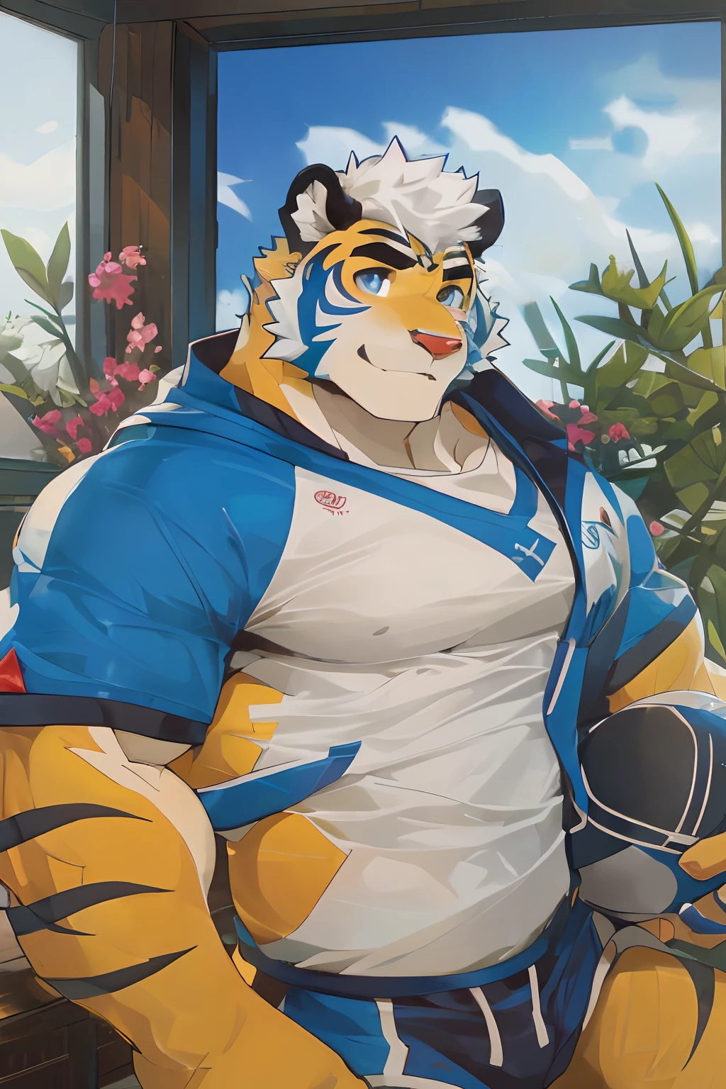 Masterpiece,Best quality,Detailed background,hi，It's nothing,nj5furry,window,Sunlight,The name of a plant is forget-me-not, Solo,solofocus,Male,Male focus,anthro,Tiger or dog,(sport:1.5), (Yellow-fur,,Black eyebrows:1.5),view the viewer, Elaborate Eyes,Detailed eyes,Onyx eyes,Puppeteer,5 fingers, (see-through raincoat),Smile with flowers in hand，Waiting for someone to knock him down，yaoi,Strong body，Majesty，He took the initiative to lift his shirt，Eight hairy abs and two thick pecs are exposed