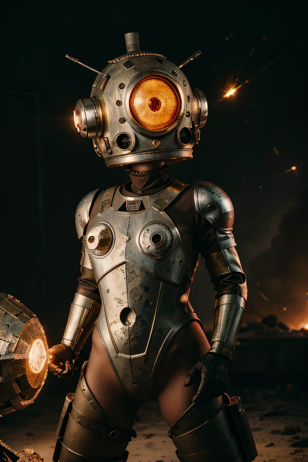 A toon Crazy whit a Big ONE a Only Eye Robot CCCP Soviet, and helmet Style, tongs in hands, Tv head, pinhead, camouflage Gold Silver Pink Rusty, Ambient in a meteorite crater super detailed, center, beautiful, soft lighting, focused on the character, 4K resolution, photorealistic rendering,