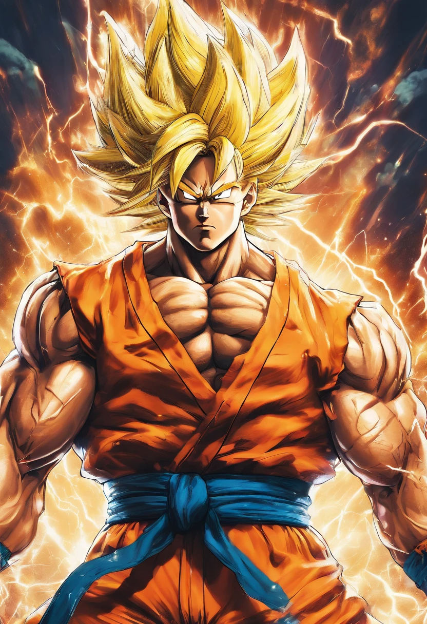 Realistic 3D rendering of Goku Super Saiyan fused Aquaman, surrounded by lightning, grande musculatura, fotografia de corpo inteiro, hiper-realista