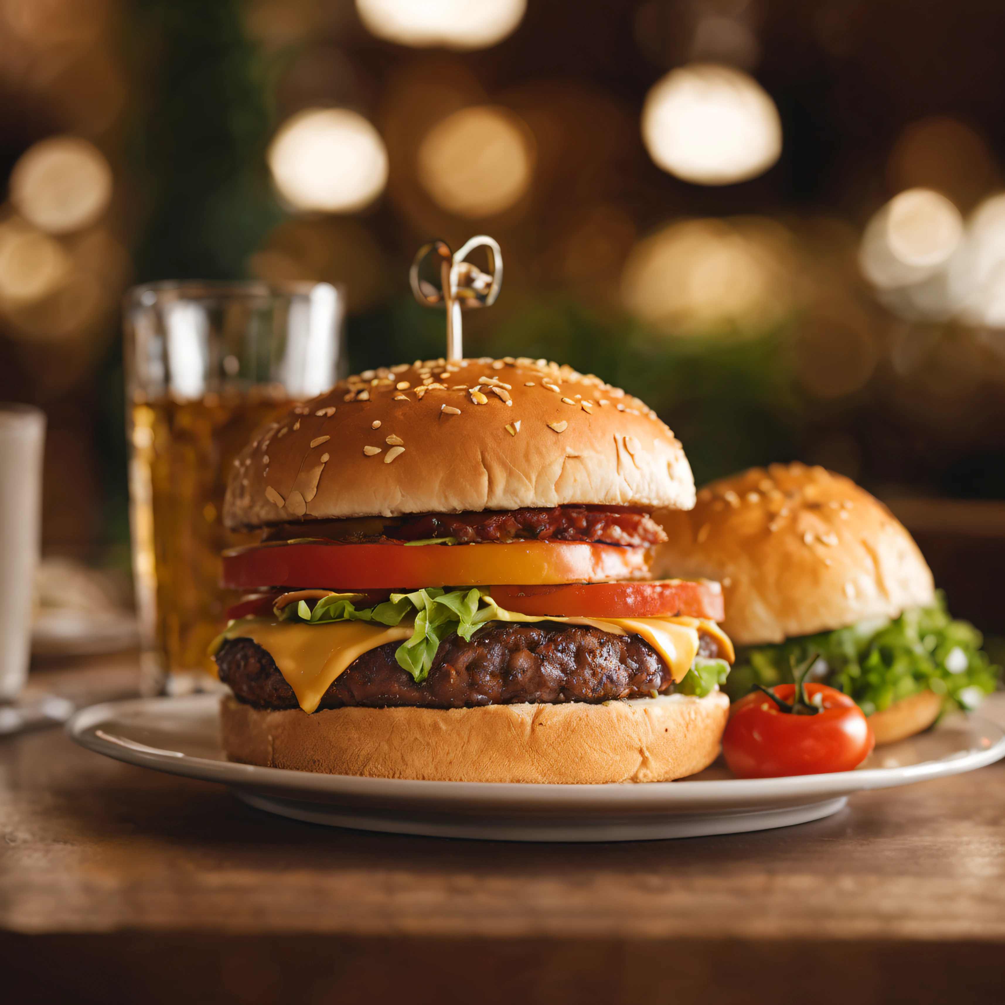 Juicy and delicious large burger, com queijo tomate 2 carnes, lettuce and tasty soft bread, hyper realistic, Canon fotografia Eos 1D lente 34mm wide, Decorated table restaurant composition, luz cinema, Fotografia de Alimentos, detalhes intrincados, UHD, 8k