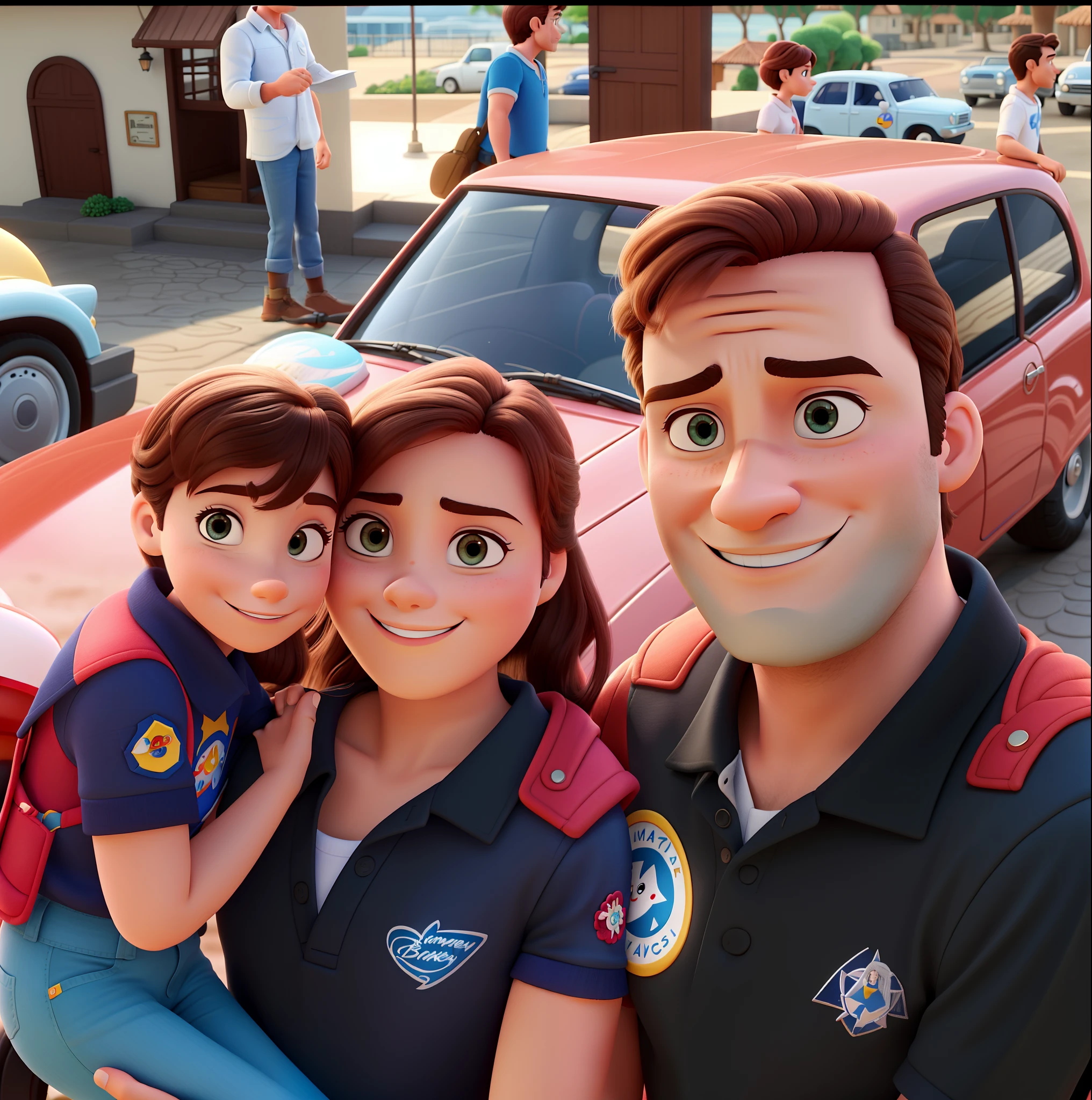 homem branco 29 anos, mulher branca 29 anos e filho branco de 4 anos no colo da mulher no estilo Disney Pixar, alta qualidade, melhor qualidade.