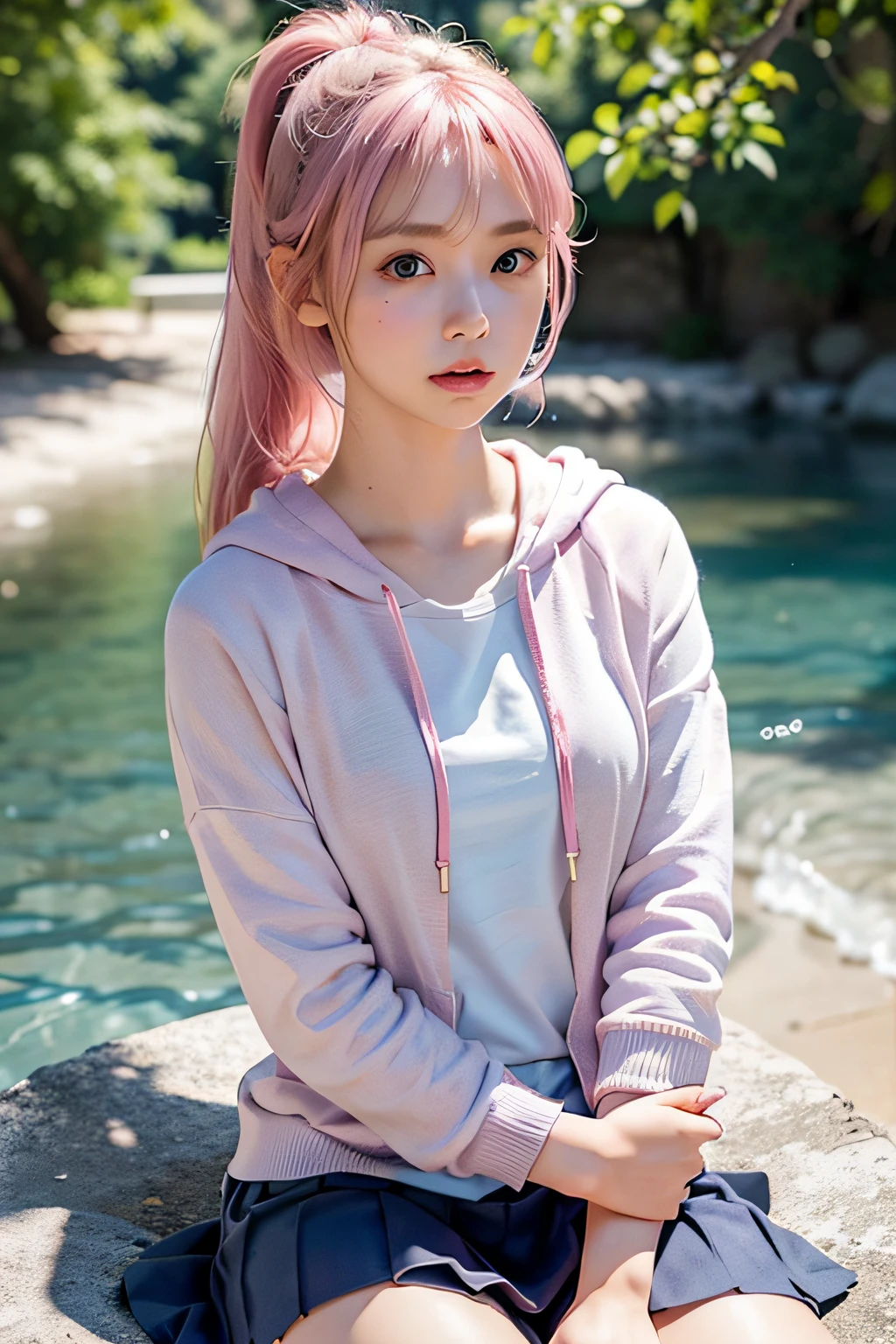 (8k, RAW photo, best quality, masterpiece), (realistic, photo-realistic:1.2), ultra-detailed, 1 girl,cute, solo,beautiful,nose blushing,soft mouth,beautiful detailed Blue eyes, wearing Hoodie jacket, shirt, skirt, average body, floating pink hair, pink hair, GIRL,FEMININE, blue eyes, ultra-fine details, intricate scene, ambient lighting, soft glow, elegant,symmetrical facial features, accurate anatomy, anatomically correct girl, scenic, gossamer, ethereal,ponytail,gentle,mild,wise, sitting, upskirt showing panties, panties visible