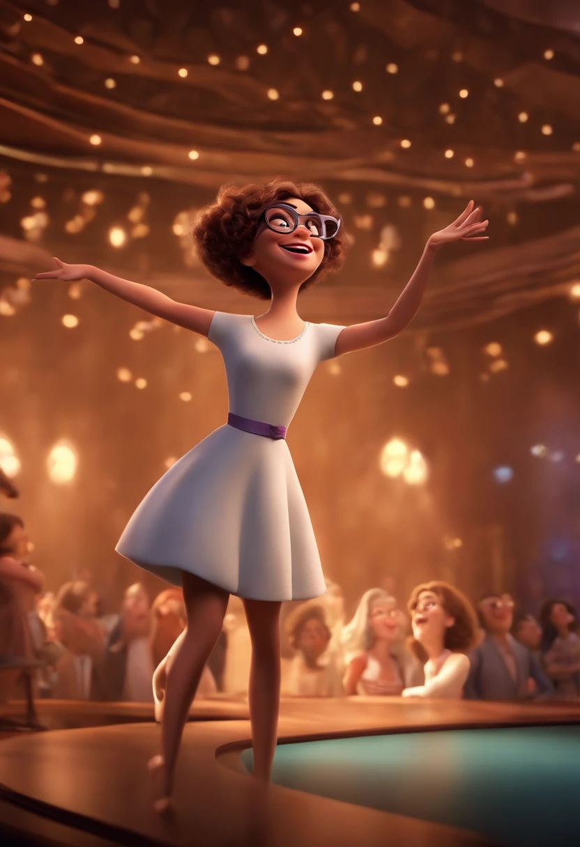 "(best quality,ultra-detalhado,Realistic:1.37),3D rendering,illustration,design de personagens,cabelos curtos e cacheados escuros,belos olhos detalhados,wearing white glasses,Estilo Pixar,morena mulher,Dancing on the Disney stage,atmosfera animada,vivid colors,luzes de palco,expression joyful"