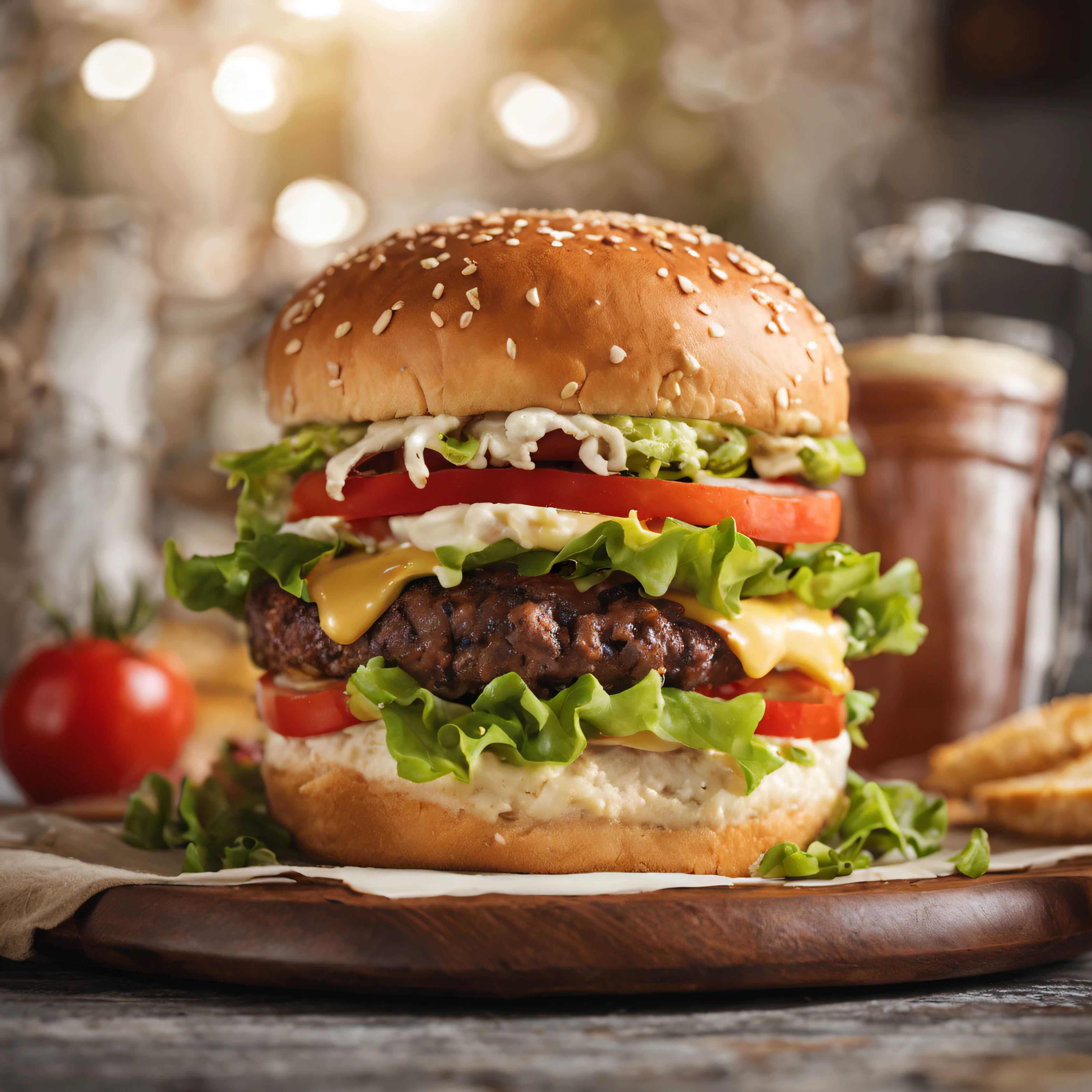 Juicy and delicious large burger, com queijo tomate 2 carnes, lettuce and tasty soft bread, hyper realistic, Canon fotografia Eos 1D lente 34mm wide, Decorated table restaurant composition, luz cinema, Fotografia de Alimentos, detalhes intrincados, UHD, 8k