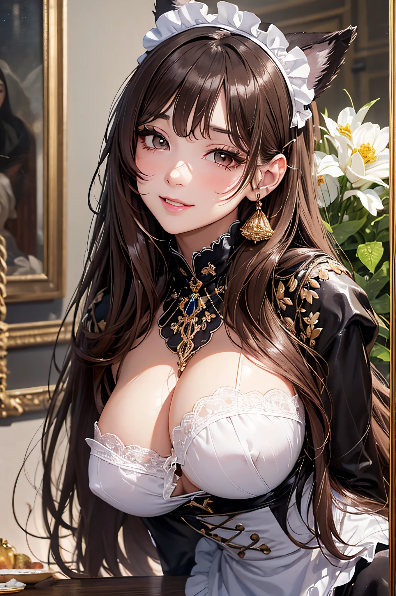 16K Ultra High Definition
Super Detailed
masterpiece
Glossy and detailed hair
Beautiful human woman with long brown hair、The human ear does not output、Very long lashes、lofty nose、
ultra gigantic tits、Amazing beautiful breasts、Maid Outfit
Dog Ears
Glossy skin
Red cheeks
Moist eyes and an embarrassed expression
Seduce with a bewitching smile
The background is the living room
