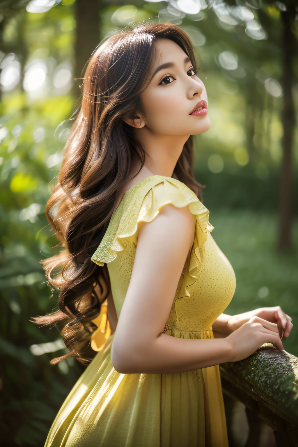 in woods、forest fae、masterpiece、top-quality、独奏、(paler:1.04)、(Curta:1.15)And(Curvaceous)femele(flawless skin:1.11)And(teats:1.1)、full body Esbian、Beautiful standing figure、high angle and(Yellow dress)、((Near and far law:0.6)Green dress)、(face perfect:1.1)with an intricate(high detal:1.1)Body、covering the navel、hiding breast、covers、eyes up、s lips、wings grow on the back,、Gorgeous brown long wavy hair、photographed by lee jeffries nikon d850 film stock photograph 4 kodak portra 400 camera f1.6 lenses Rich colors Ultra-realistic textures Dramatic lighting Art Station Cinestar 800 Unreal Engine Trends