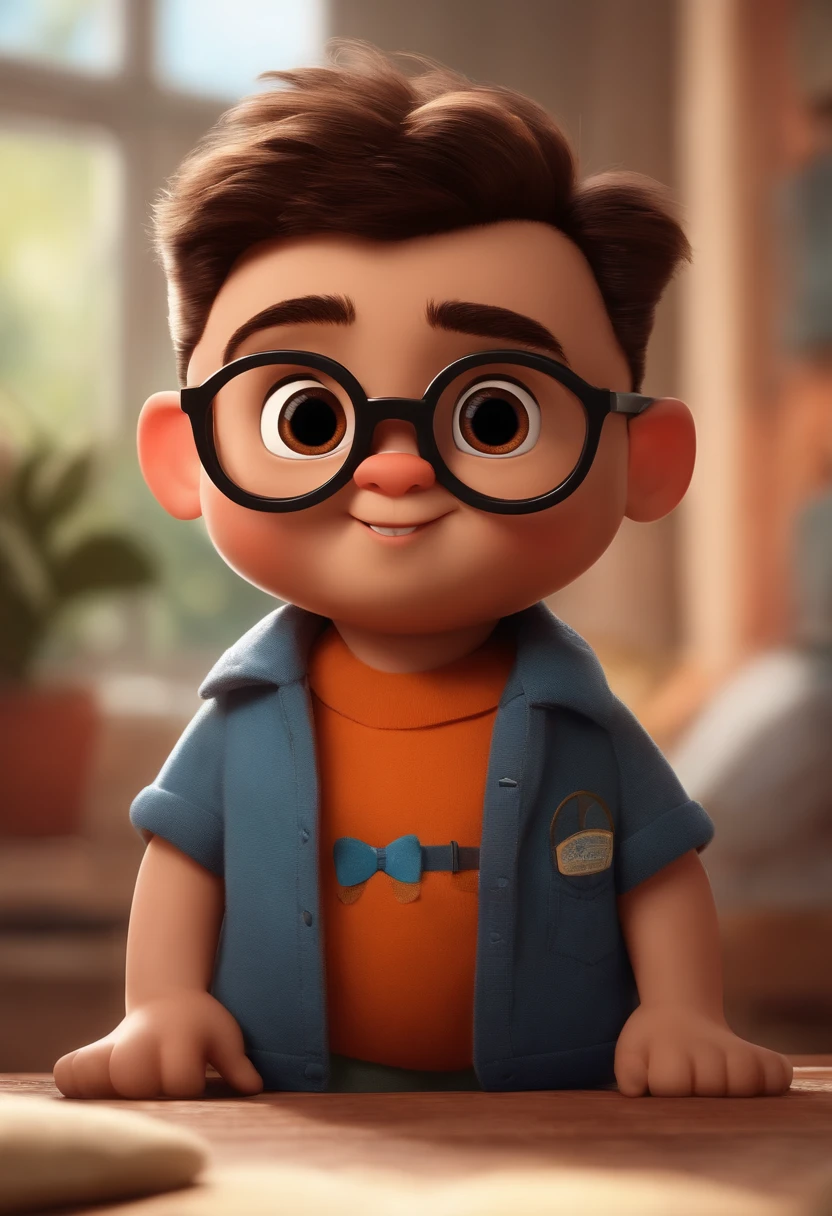 Menino estilo desenho animado, Pixar, wearing round glasses, segurando um urso de pelucia, roupa de escoteiro,