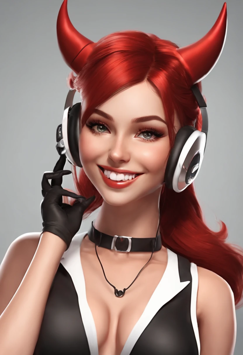 Female Devil　support　cheergirl outfit　Red hair　poneyTail　a smile　Devil's horn　Devil's Wings　Devil's Tail　belly button piercing　Headset microphone　Suntan-Skin　Healthy　double tooth