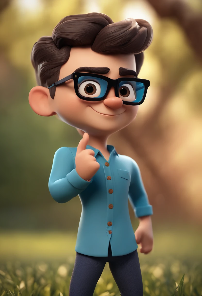 Cartoon character of a man wearing black glasses and a blue shirt, um personagem animado, Caractere estilizado, animation style rendering, 3D estilizado, Arnold Maya render, 3 d render stylized, toon render keyshot, Personagem 3D, Personagem 3D, 3d rendering stylized, 3 d character render, personagem de desenho animado, Personagem de close up, Pose de personagem, (Estilo Pixar) (master part:1.2) (Bokeh) (best quality) (pele detalhada) (textura detalhada) (8k) (argila) (Cinematic lighting) (foco nítido，Senta e vaza a parte superior do corpo