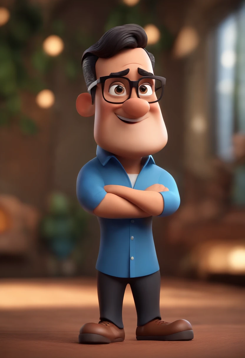 Cartoon character of a man wearing black glasses and a blue shirt, um personagem animado, Caractere estilizado, animation style rendering, 3D estilizado, Arnold Maya render, 3 d render stylized, toon render keyshot, Personagem 3D, Personagem 3D, 3d rendering stylized, 3 d character render, personagem de desenho animado, Personagem de close up, Pose de personagem, (Estilo Pixar) (master part:1.2) (Bokeh) (best quality) (pele detalhada) (textura detalhada) (8k) (argila) (Cinematic lighting) (foco nítido,Senta e vaza a parte superior do corpo