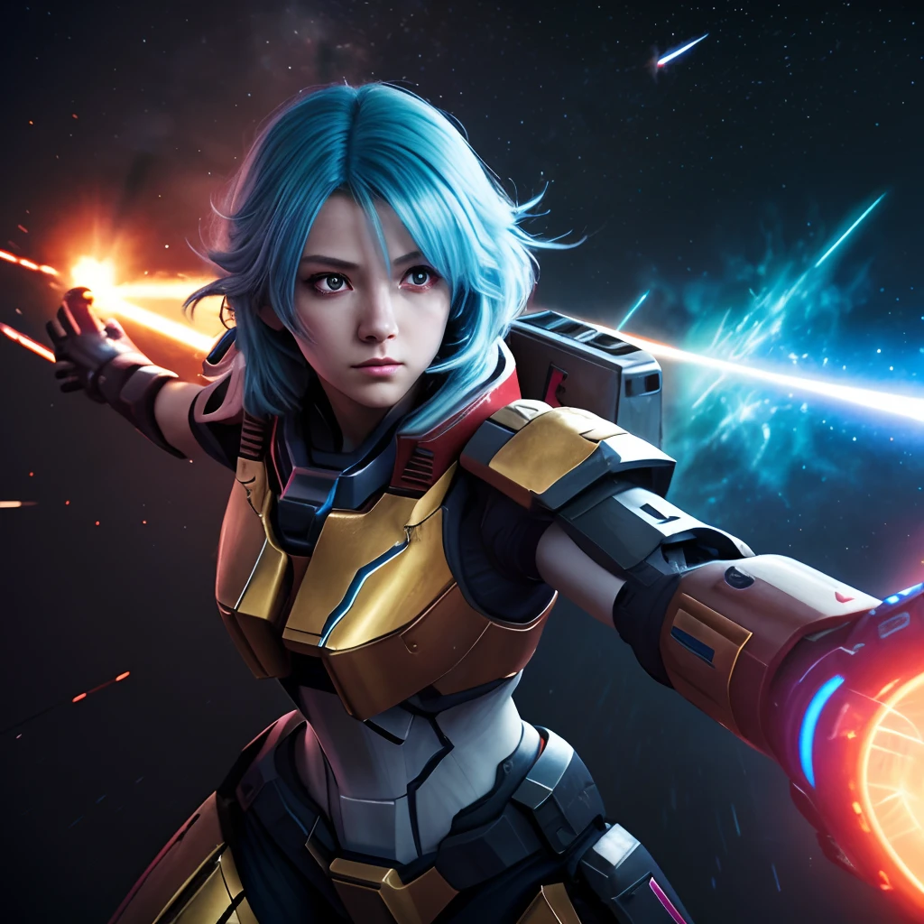 Game Character, Female, Perfect Body, Super Cute, Sad, Light Blue Hair, Neon GlowingRed Eye, Shooting Beam, Rainbow Aura Body, Neon Glow, Mechanical Wing, Supernova Power, Gundam Armor, Space War Theme, Fighting Stance, 3D, Realistic, HDR, Anime, HD, Background, RTX, 2K, Masterpiece.