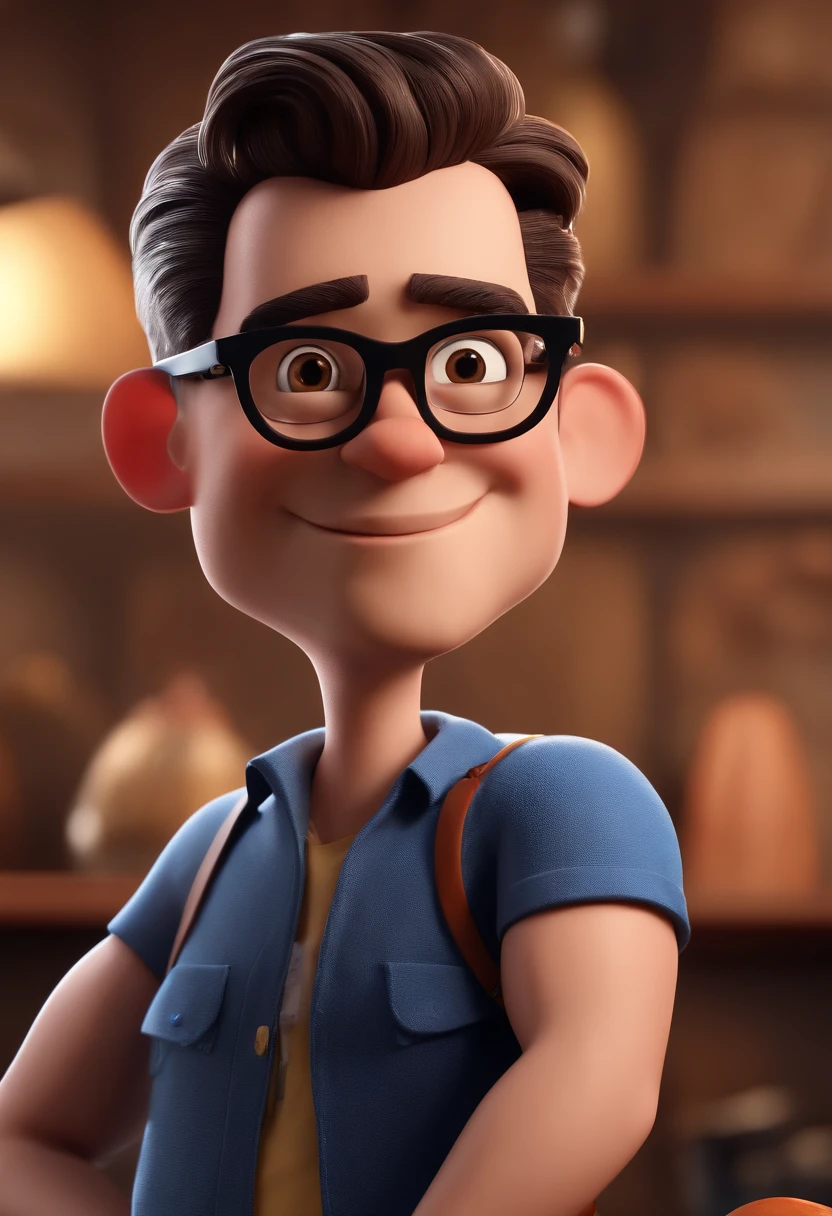 Cartoon character of a man with black glasses and a blue shirt, animation character, Caractere estilizado, animation style rendering, 3D estilizado, Arnold Maya render, 3 d render stylized, toon render keyshot, Personagem 3D, Personagem 3D, 3d rendering stylized, 3 d character render, personagem de desenho animado, Personagem de close up, Pose de personagem,  (Estilo Pixar) (master part:1.2) (Bokeh) (best quality) (pele detalhada) (textura detalhada) (8k) (argila) (Cinematic lighting) (foco nítido