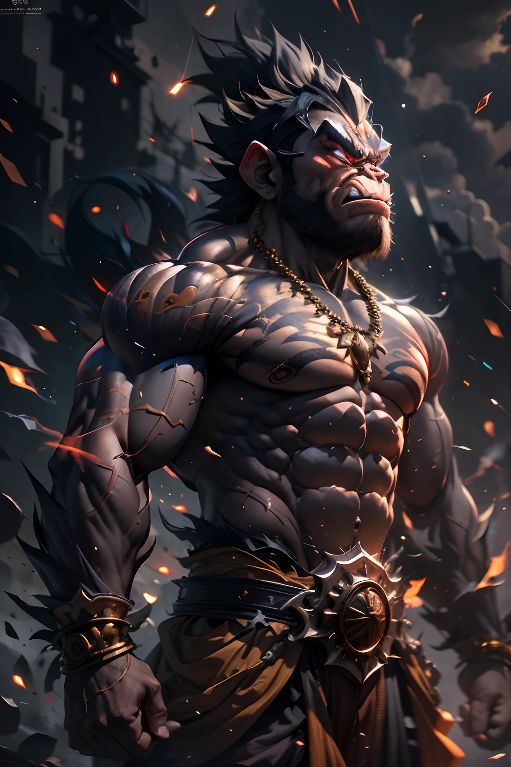 lord hanuman, super saiyan, ape human hybrid, rage expressions, abs and muscular, masterpiece,best quality,cinematic lighting,movie wallpapers,Very detailed 4k wallpaper,Complicated details, Photorealistic, realistic, full body, angry, rage