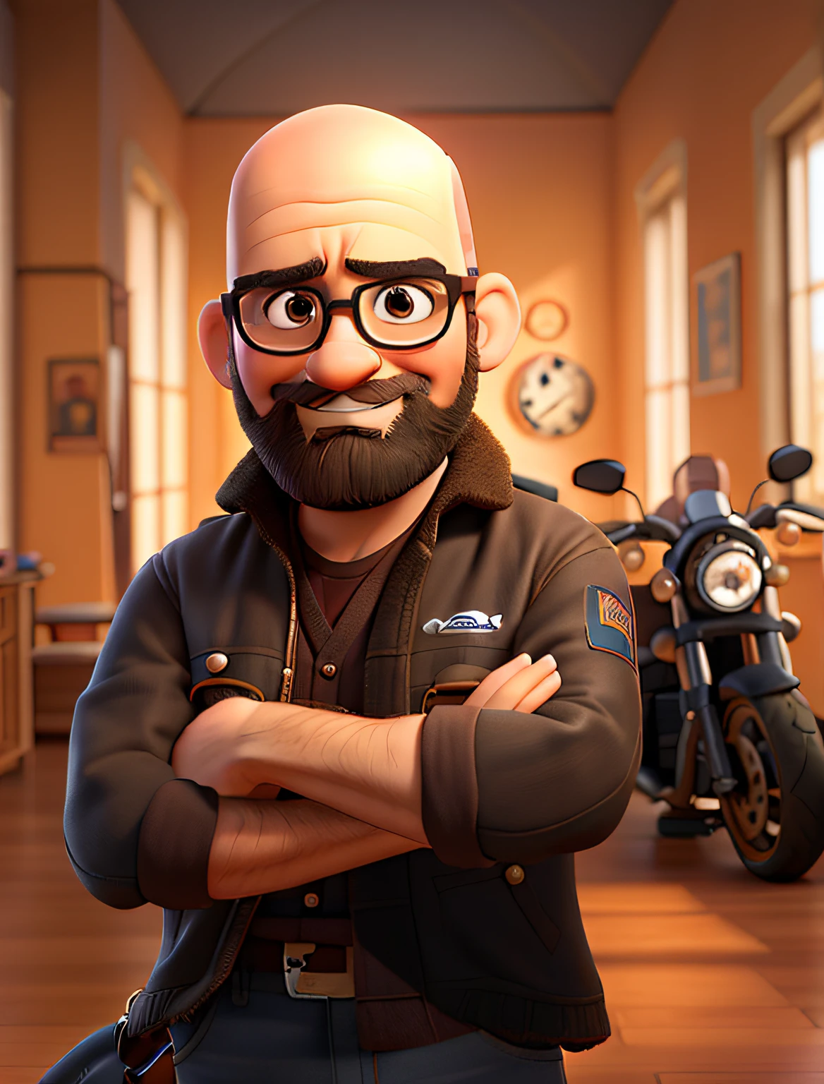 Poster no estilo Disney Pixar, A bald man with glasses and a brown beard, homem com barba muito pequena marrom, homem no estilo Disney Pixar, Alta qualidade, Melhor qualidade, motociclista de jaqueta de couro, como motos Harley Davidson ao fundo