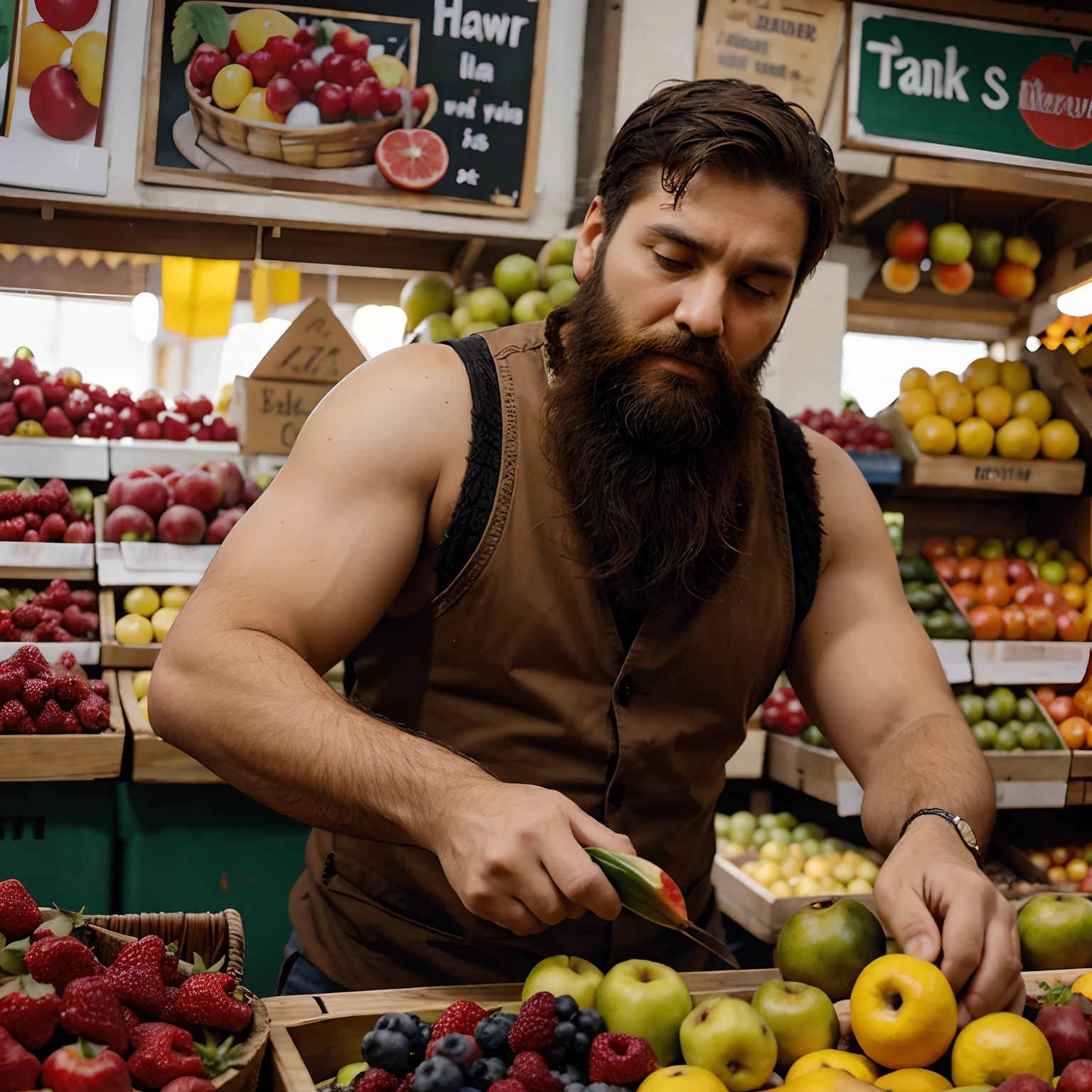 Bearded man making selection of fruits in market