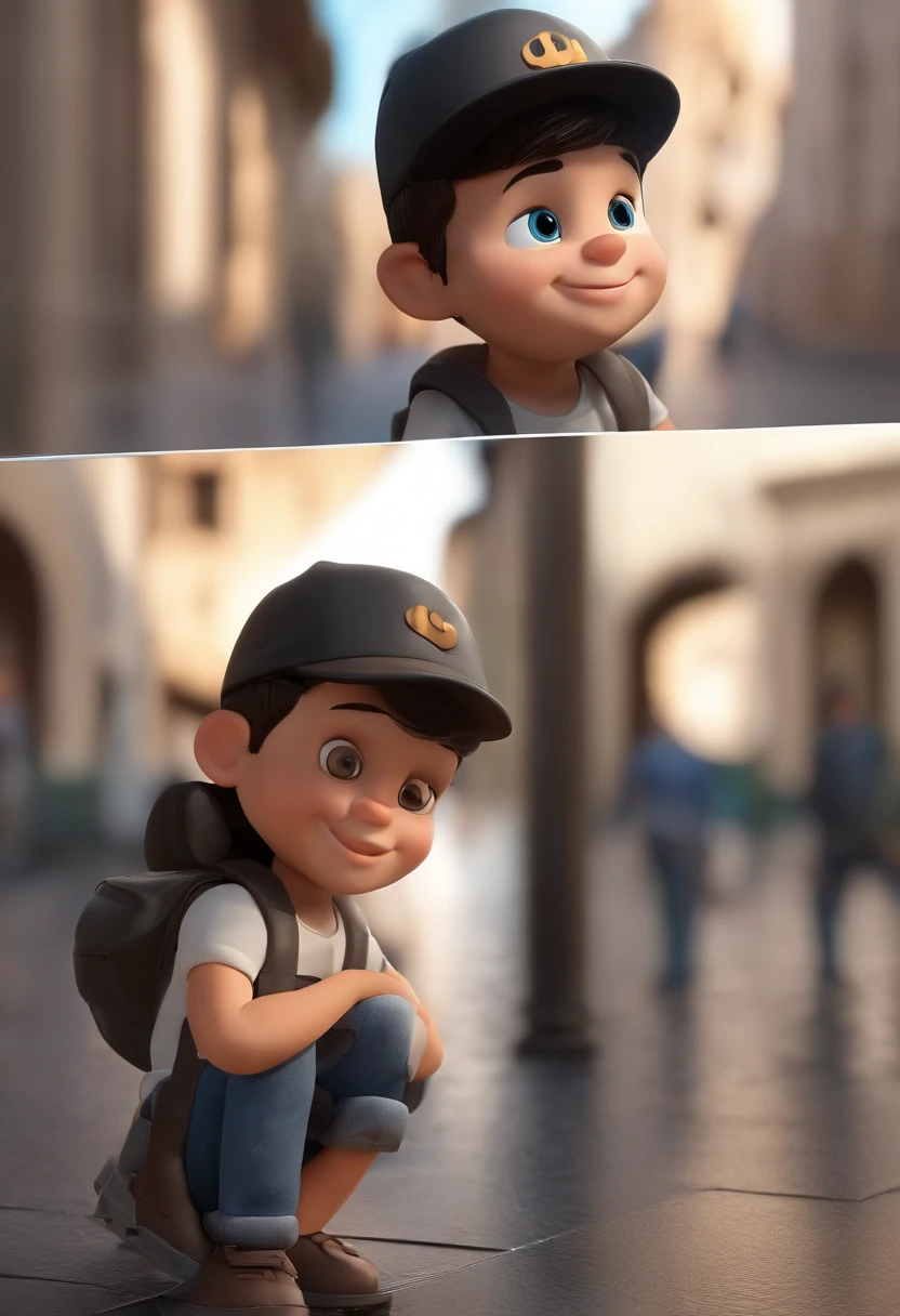 Cartoon character of a smiling  in black shirt and jeans and cap , Case name written on the cap, nome case escrito no bone branco e bota preta , dando legal , Blue Eyes Black Hair Animation Character, Caractere estilizado, animation style rendering, 3D estilizado, Arnold Maya render, 3 d render stylized, toon render keyshot, Personagem 3D, Personagem 3D, 3d rendering stylized, 3 d character render, personagem de desenho animado, Personagem de close up, Pose de personagem, (Estilo Pixar) (master part:1.2) (Bokeh) (melhor qualidade) (pele detalhada) (textura detalhada) (8k) (argila) (Cinematic lighting) (foco nítido