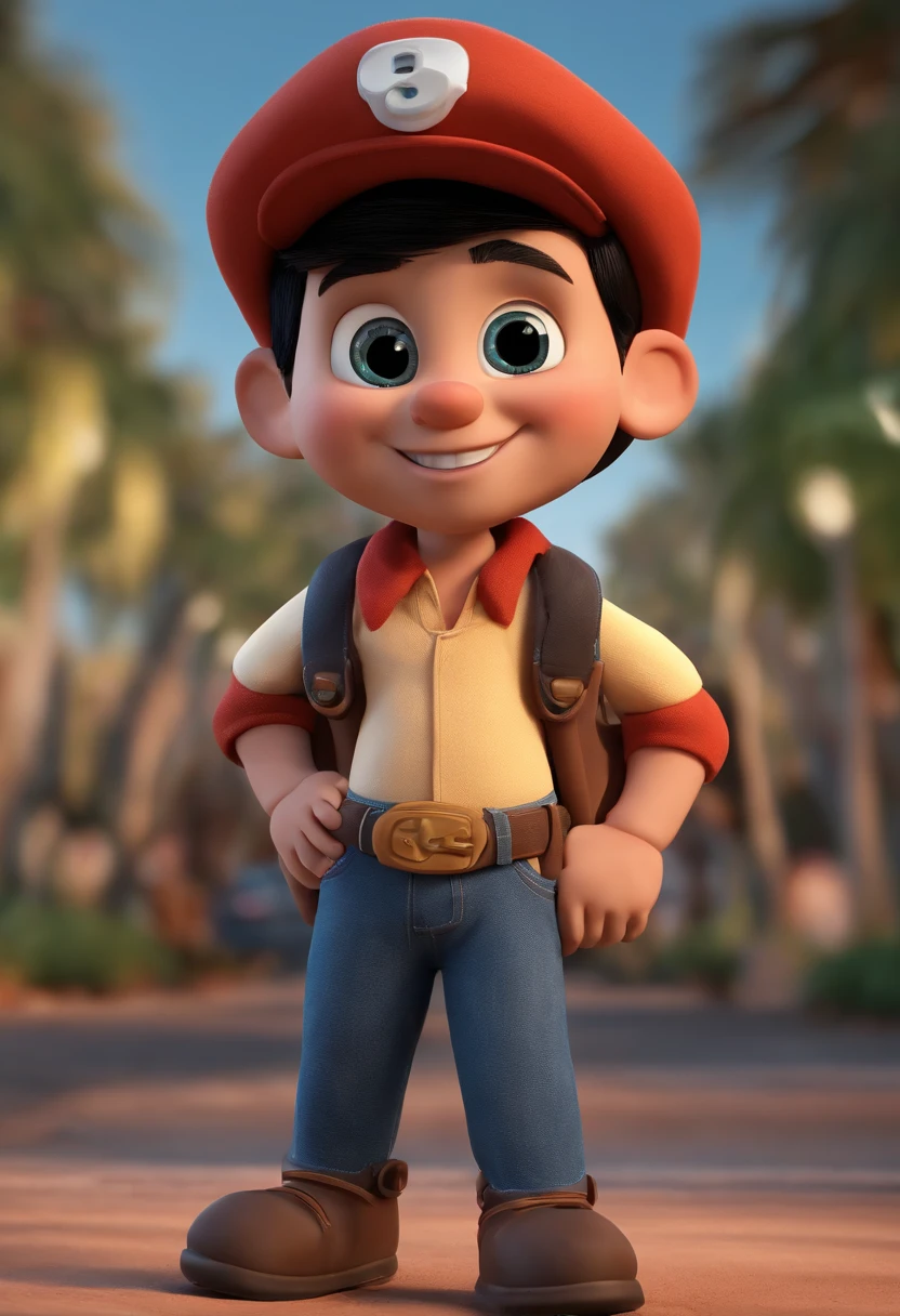 Cartoon character of a smiling in black shirt and jeans and cap , Case name written on the cap, nome case escrito no bone branco e bota preta , dando legal , Blue Eyes Black Hair Animation Character, Caractere estilizado, animation style rendering, 3D estilizado, Arnold Maya render, 3 d render stylized, toon render keyshot, Personagem 3D, Personagem 3D, 3d rendering stylized, 3 d character render, personagem de desenho animado, Personagem de close up, Pose de personagem, (Estilo Pixar) (master part:1.2) (Bokeh) (melhor qualidade) (pele detalhada) (textura detalhada) (8k) (argila) (Cinematic lighting) (foco nítido