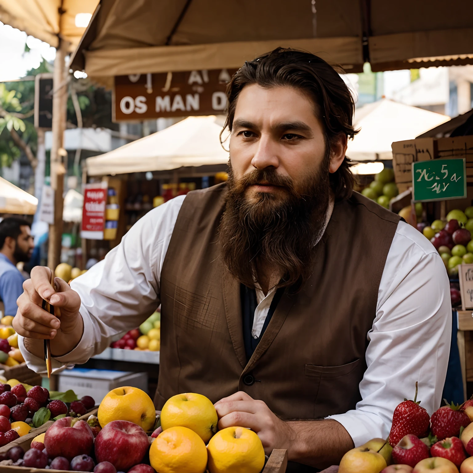 Bearded man making selection of fruits in market