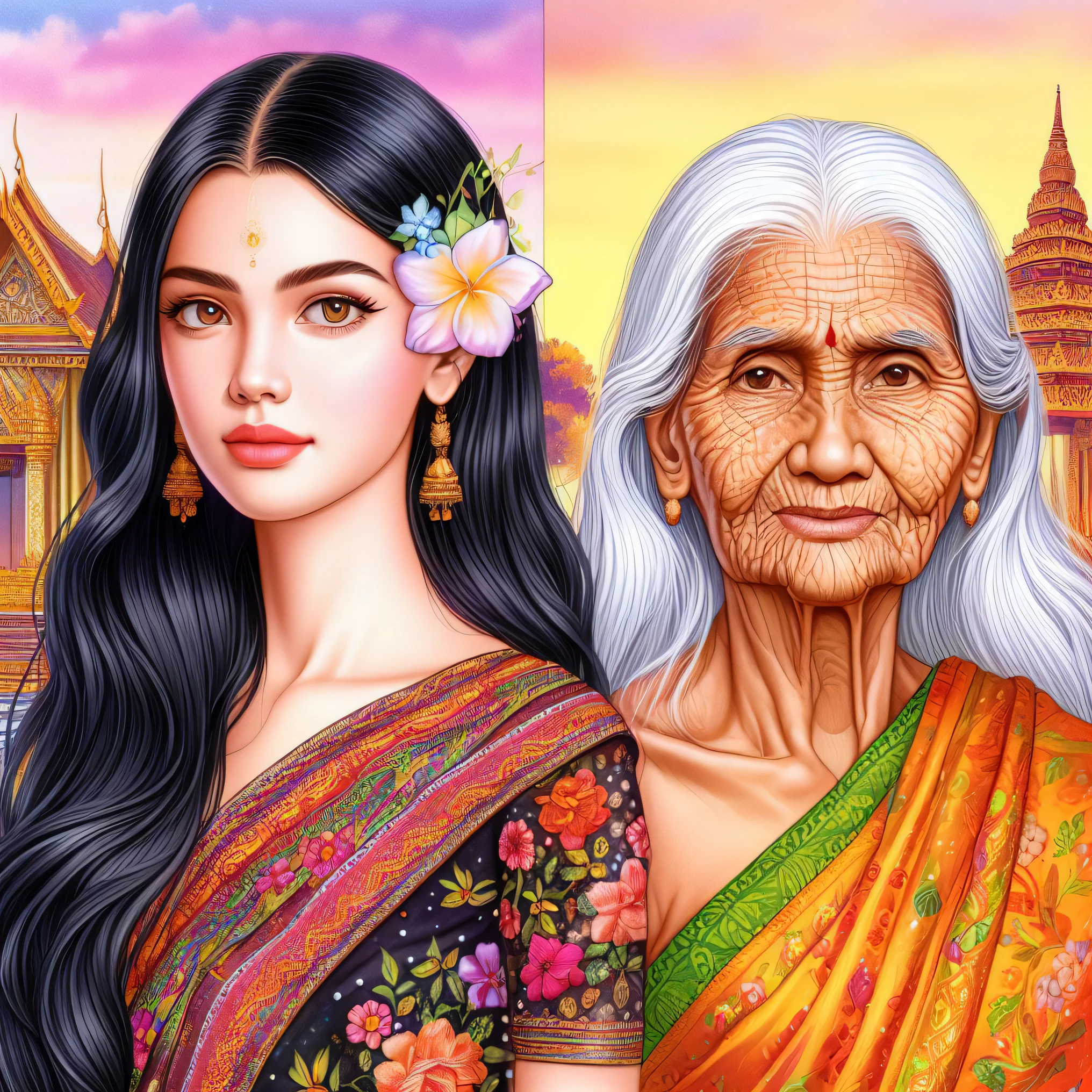 an old woman and an old woman in a painting, thailand art, style in digital painting, digital painting style, detailed portraits, epic portrait illustration, beautiful digital artwork, stunning art style, beautiful character painting, inspired by T. K. Padmini, intricate beautiful faces, old and young, hindu aesthetic, a beautiful artwork illustration, beautiful digital art, beautiful portraits