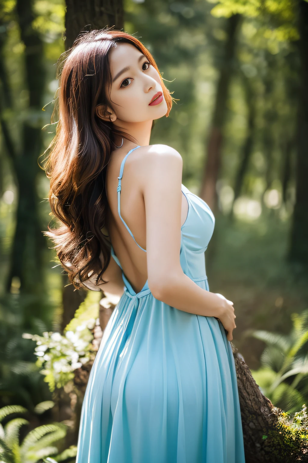 in woods、forest fae、masterpiece、top-quality、独奏、(paler:1.04)、(Curta:1.15)And(Curvaceous)femele(flawless skin:1.11)And(teats:1.1)、full body Esbian、Beautiful standing figure、high angle and(Light blue dress)、((Near and far law:0.6)Green dress)、(face perfect:1.1)with an intricate(high detal:1.1)Body、covering the navel、hiding breast、covers、eyes up、s lips、wings grow on the back,、Gorgeous brown long wavy hair、photographed by lee jeffries nikon d850 film stock photograph 4 kodak portra 400 camera f1.6 lenses Rich colors Ultra-realistic textures Dramatic lighting Art Station Cinestar 800 Unreal Engine Trends