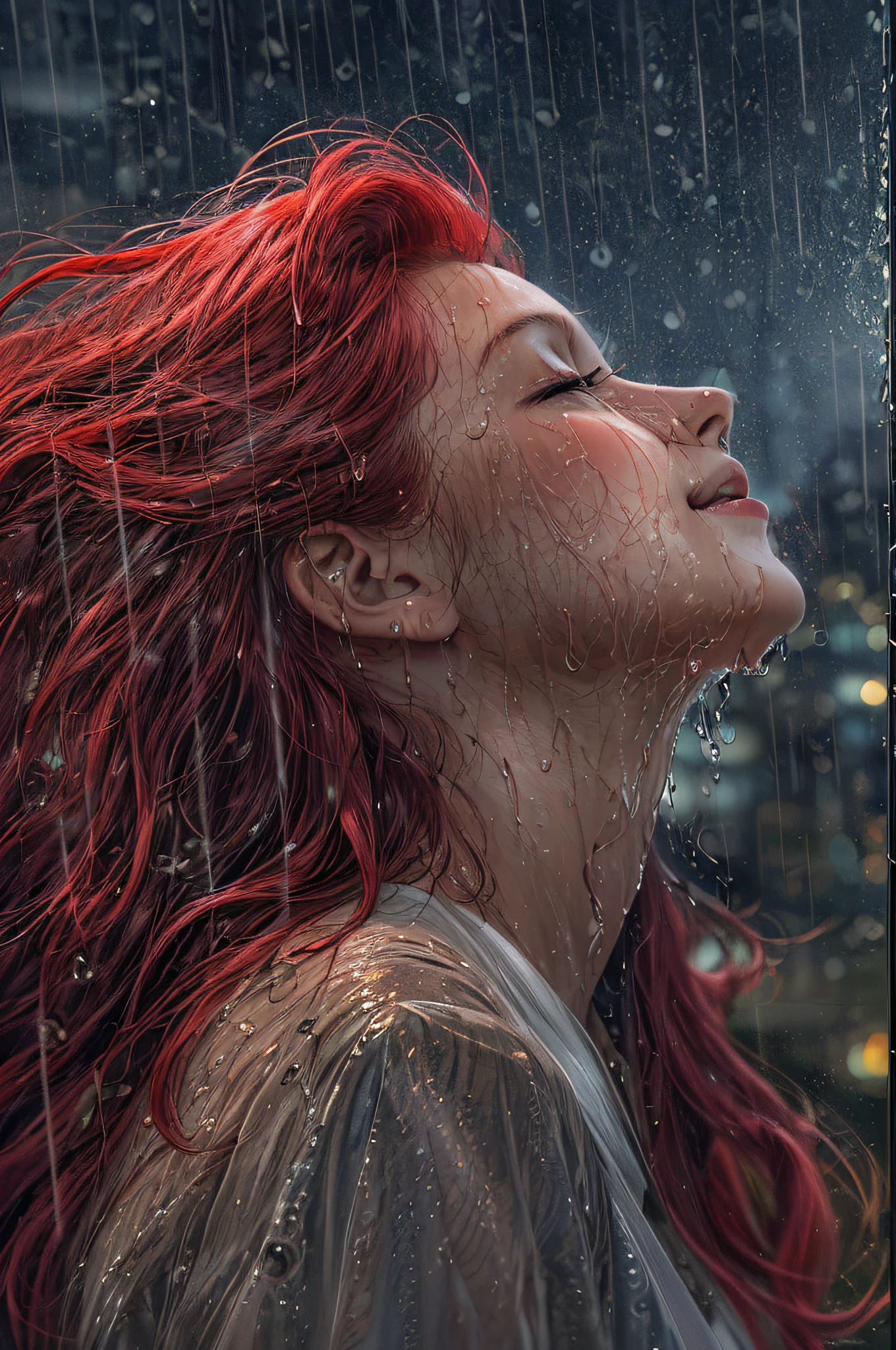 a close up picture of a woman's face looking towards the sky, as she looks up the (rain drops: 1.3) fall on her face, a very beautiful woman, long hair, red hair, wavy hair, wet hair, closed eyes, she wears an elegant, intricate dress, there is a sense of joy on her face, an urban street at night. cloudy night,