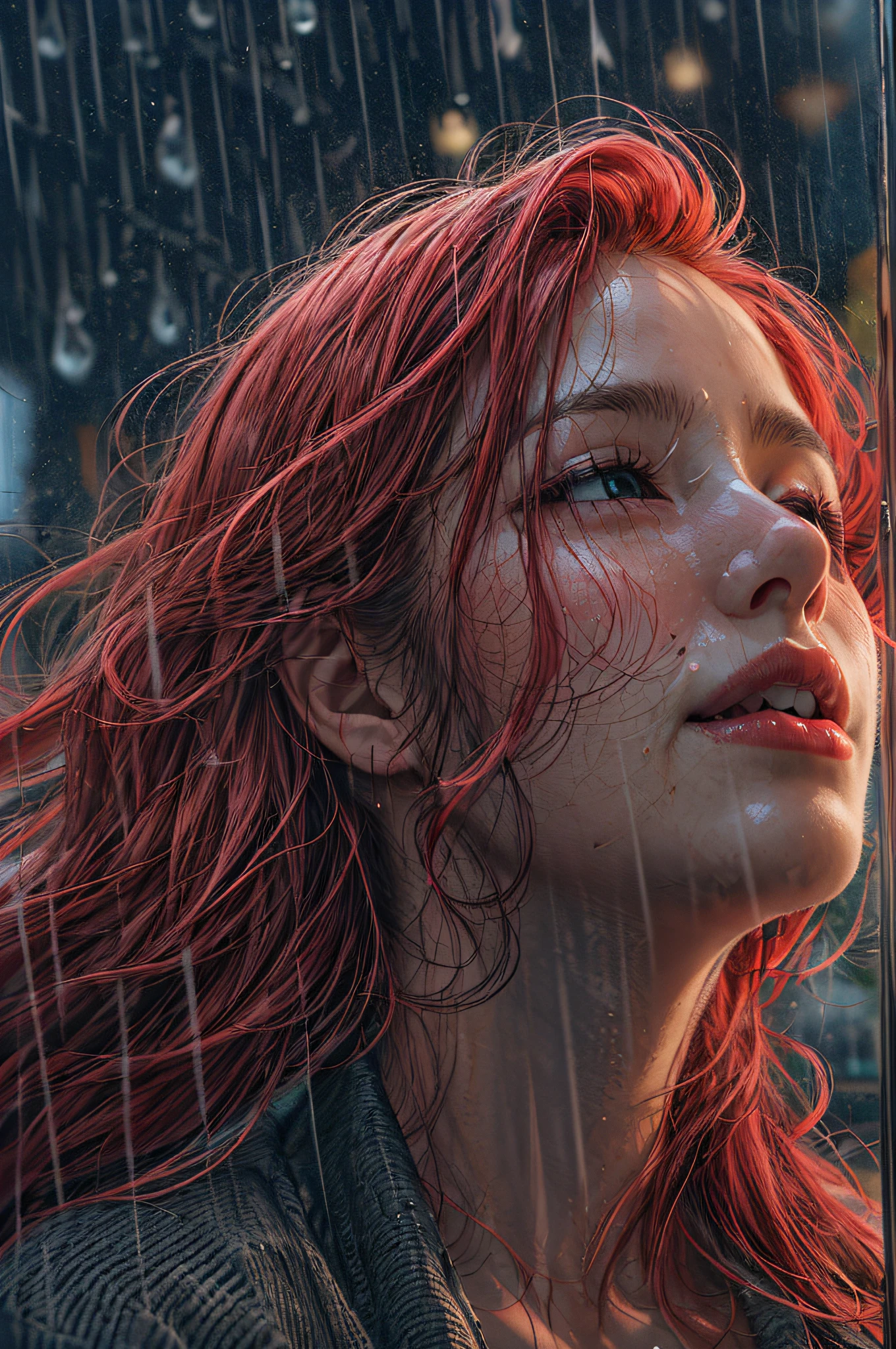 a close up picture of a woman's face looking towards the sky, as she looks up the (rain drops: 1.3) fall on her face, a very beautiful woman, long hair, red hair, wavy hair, wet hair, closed eyes, she wears an elegant, intricate dress, there is a sense of joy on her face, an urban street at night. cloudy night,