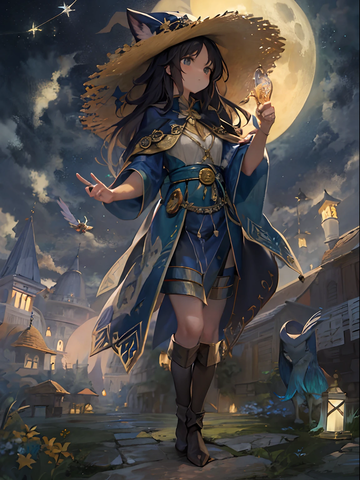 obra maestra, mejor calidad, ultra detallada, illustration,grupo de podersos magos y brujas,grupo en primer plano, fantasy, vuelo, escoba,aura,poderes, cielo nocturno, aire libre, magia, hechizos, luna, estrellas, nubes, viento, cabello, capa, sombrero, botas, palo de escoba, brillante, misterioso, encantador, caprichoso, frisky, aventurero, libertad, asombro, fantasi, determination, habilidad, velocidad, movimiento, energy, realismo, naturalista, figurativo, representativo, belleza, Fantasy culture, Mythology, cuentos de hadas, folclore, leyendas, brujas, magos, magical creatures, fantasy worlds, compositing, escala, primer plano, middle ground, fondo, perspectiva, luz, color, textura, detalle, belleza, asombro.