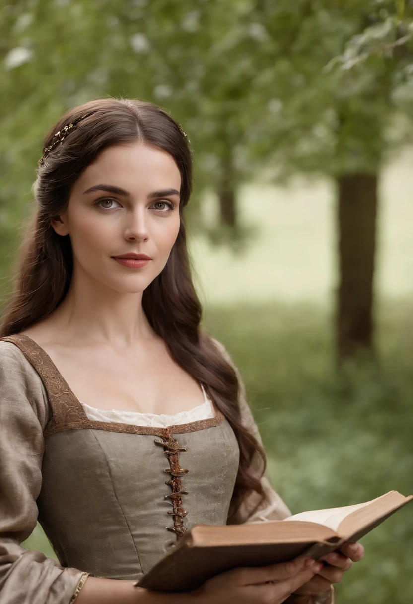 mulher em torno de 39 anos, cabelos castanhos naturais,  rosto e bochecha redondos, olhos castanhos distintos, vestindo kohl, Holding books in hand ,  luz de velas em um ambiente medieval, Ultra sharp focus, tiro realista, roupas femininas medievais, cores tetradicas (cicatriz:1.4)