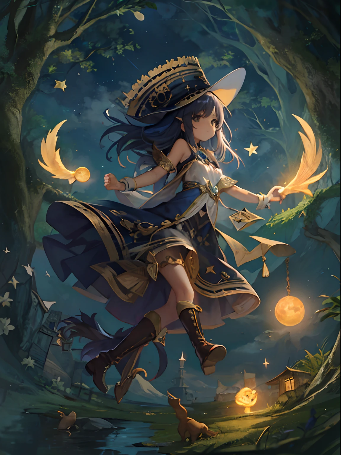 obra maestra, mejor calidad, ultra detallada, illustration,grupo de podersos magos y brujas,grupo en primer plano, fantasy, vuelo, escoba,aura,poderes, cielo nocturno, aire libre, magia, hechizos, luna, estrellas, nubes, viento, cabello, capa, sombrero, botas, palo de escoba, brillante, misterioso, encantador, caprichoso, frisky, aventurero, libertad, asombro, fantasi, determination, habilidad, velocidad, movimiento, energy, realismo, naturalista, figurativo, representativo, belleza, Fantasy culture, Mythology, cuentos de hadas, folclore, leyendas, brujas, magos, magical creatures, fantasy worlds, compositing, escala, primer plano, middle ground, fondo, perspectiva, luz, color, textura, detalle, belleza, asombro.