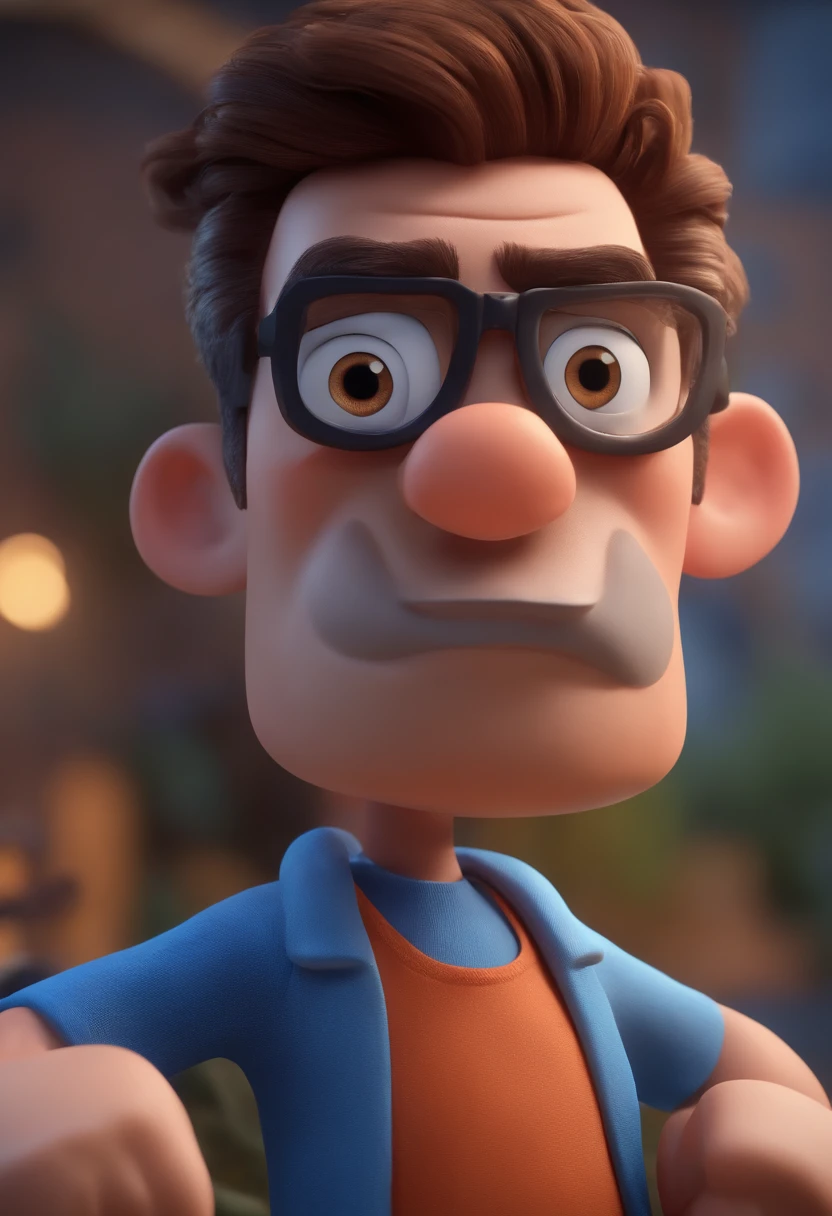 Cartoon character of a man with black glasses and a blue shirt, animation character, Caractere estilizado, animation style rendering, 3D estilizado, Arnold Maya render, 3 d render stylized, toon render keyshot, Personagem 3D, Personagem 3D, 3d rendering stylized, 3 d character render, personagem de desenho animado, Personagem de close up, Pose de personagem, (Estilo Pixar) (master part:1.2) (Bokeh) (best quality) (pele detalhada) (textura detalhada) (8k) (argila) (Cinematic lighting) (foco nítido