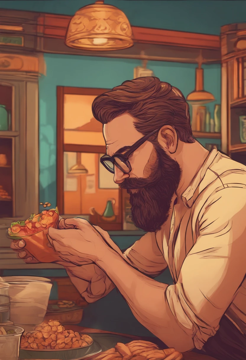 Animation Of Man With Beard Wearing Glasses Having Snack