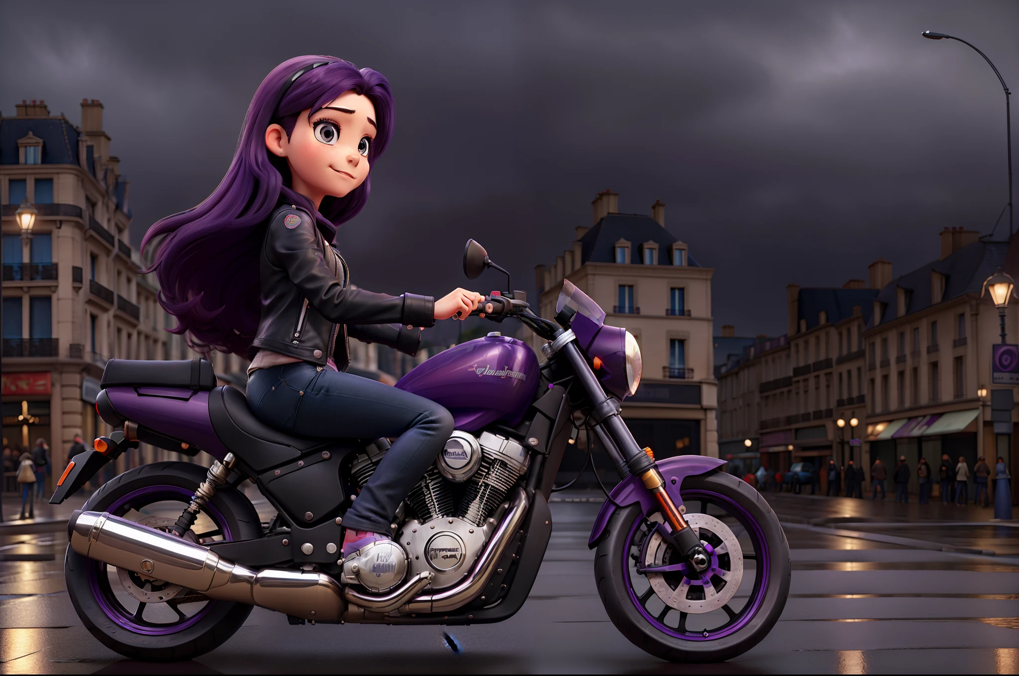 A cute girl with long dark purple hair, dressed in rocker style, black leather jacket, jeans, riding a high end motorcycle under the rain in street of Paris, Paris city as background, rainy night, dramatic illumination, hiper detailed, high resolution, masterpiece, pixar style