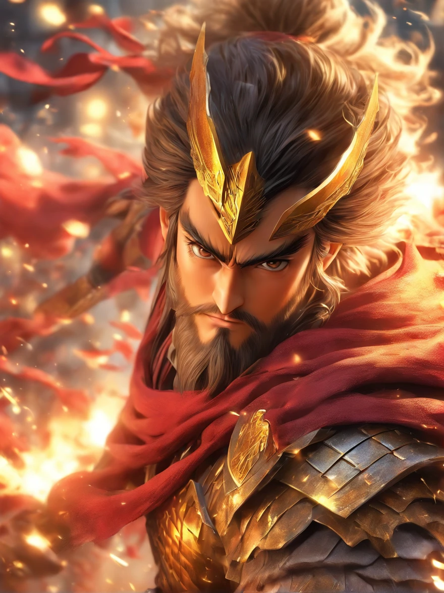 Inspired by Zhuge Liang,Three Kingdoms: Harry Potter,Riding a war horse,ride horse,Horse armor,With a spear in his hand,longspear,Red show spear,Armour,Flying,Exudes a powerful aura ,2K, best qualtiy,Masterpiece, Super detail, High details,Well-made beard,,(High- sharpness,ultra - detailed), tmasterpiece, 独奏, High detail, (A high resolution, ultra - detailed), Cinematic lighting, Motion blur, Ray tracing, reflective light, (Close-up), Masterpiece, Best quality, High quality, Anatomically correct, Textured skin, High details, Super detail, 1080p, hyper HD