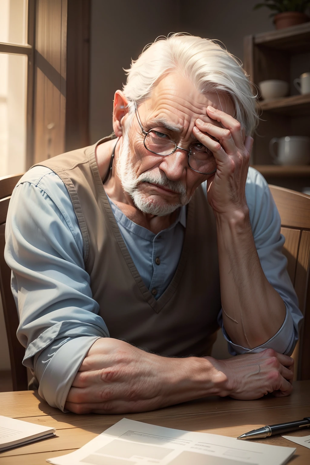 The old man sat at the table，Thoughts，Scratch your head with your right hand，There are not many wrinkles，Rather annoyed