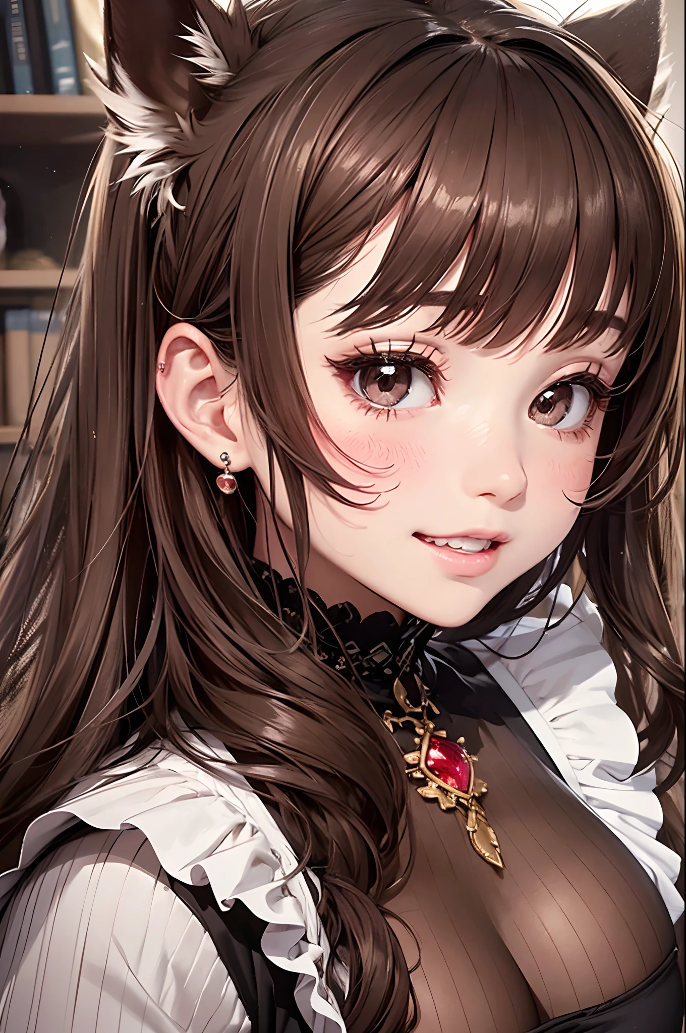 16K Ultra High Definition
Super Detailed
masterpiece
Glossy and detailed hair
Beautiful human woman with long brown hair、The human ear does not output、Very long lashes、lofty nose、
ultra gigantic tits、Amazing beautiful breasts、Maid Outfit
Dog Ears
Glossy skin
Red cheeks
Moist eyes and an embarrassed expression
Seduce with a bewitching smile
The background is the living room