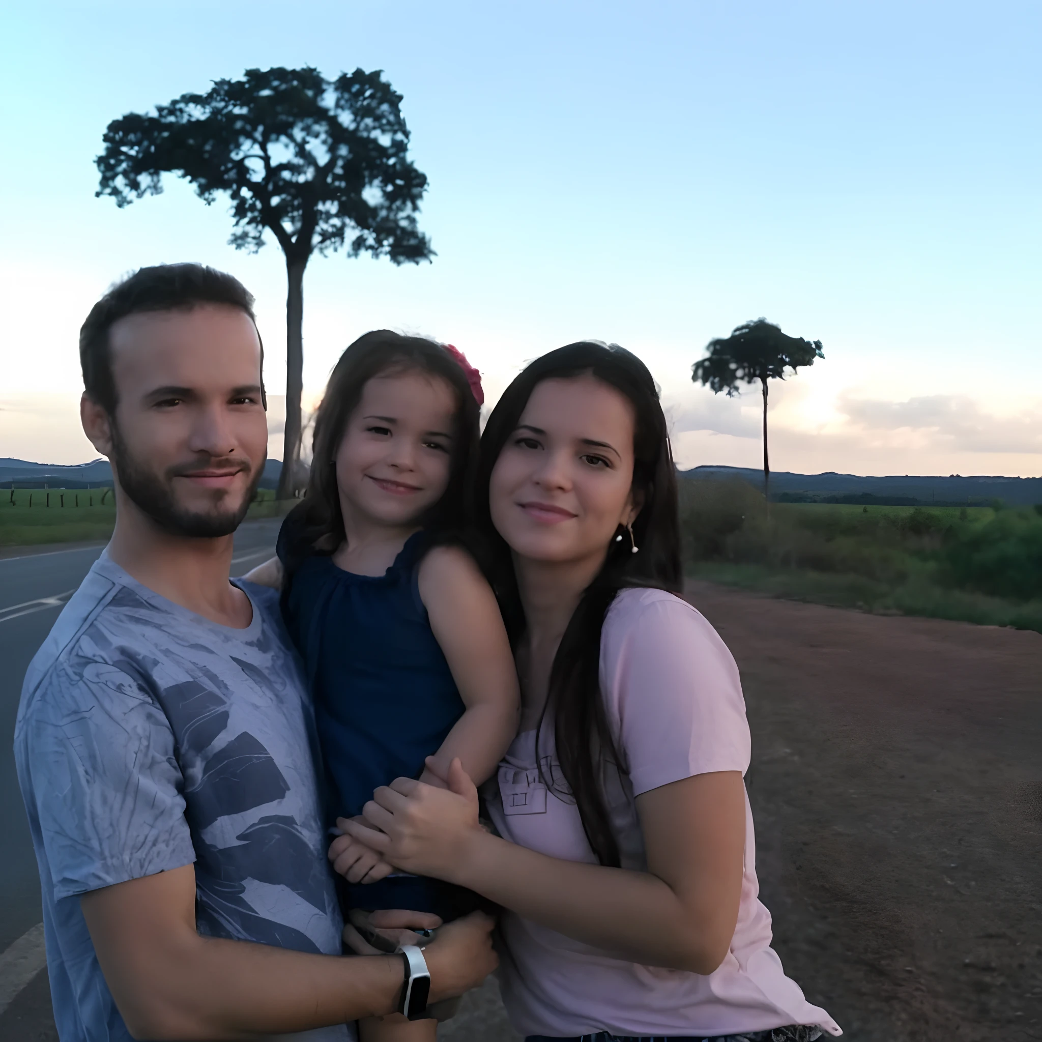 There's a man and a woman and a child standing on the side of the road, 3 5 year brazilian mother, with a tree in the background, in the sunset, Happy family, imagem de perfil, em frente a um fundo de floresta, at sunset, Directed by: Nandor Soldier, against the backdrop of trees, com montanhas ao fundo, Upload de alta qualidade