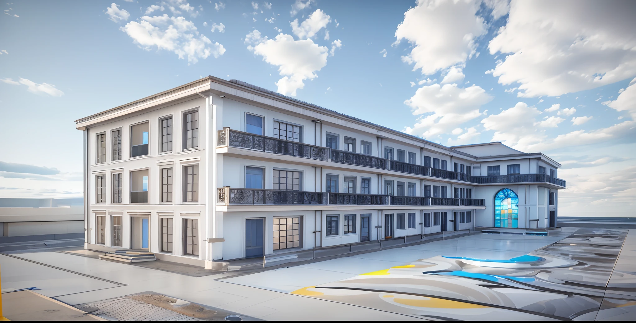 a rendering of a large white building with a balcony and balconies, building facing, architectural render, architectural rendering, perspective view, architectural 3 d render, low angle dimetric rendering, architecture render, lumion render, front perspective, full building, architectural concept, 3 - d render, lumion rendering, 3 d renders, 3 d perspective, 3 d rendering,blue sky,alumunum glass window and doors,white clouds,yellow sunshine,polished concrete,gray painted wall