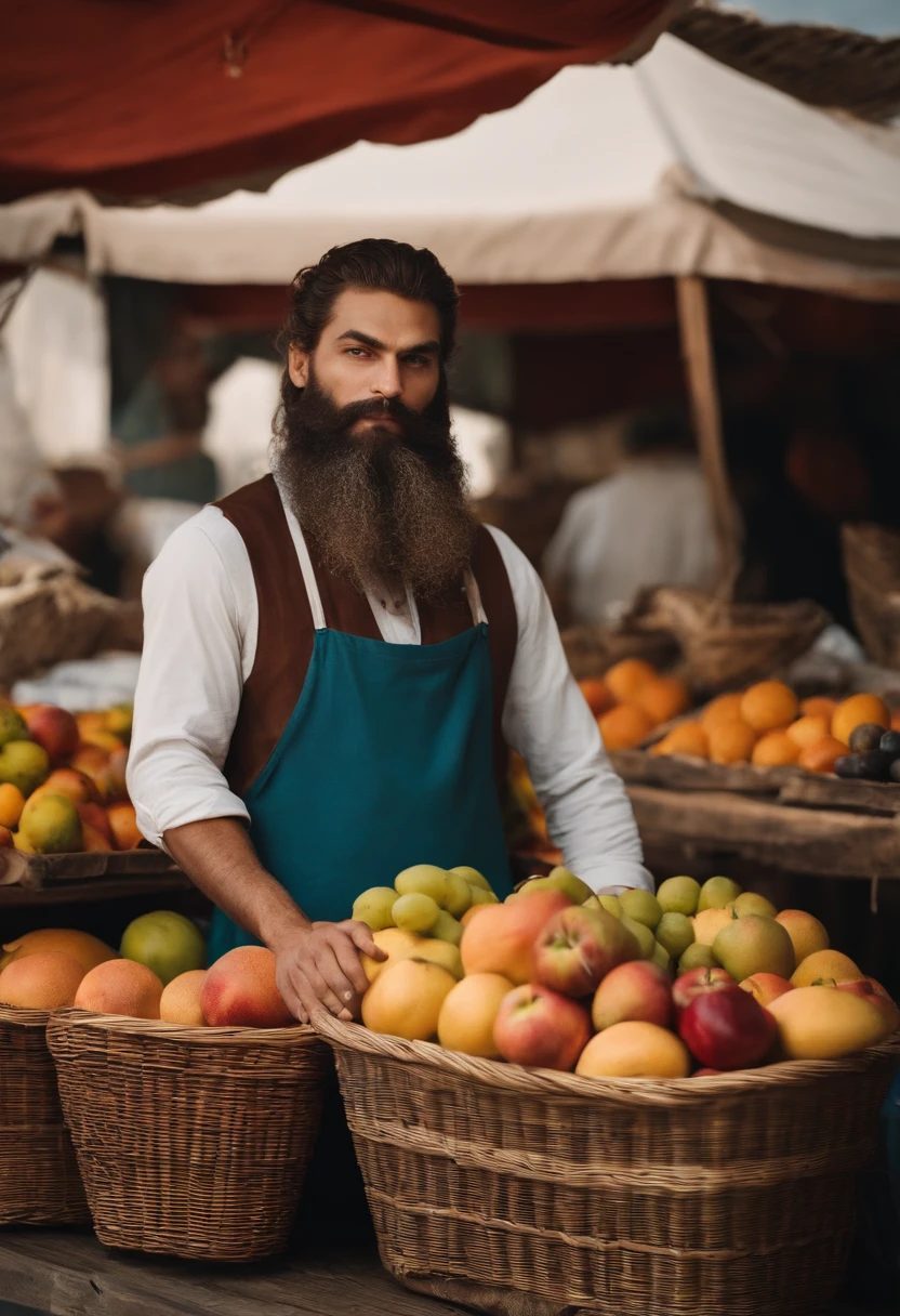 There's a man with a beard in front of a fruit stand, homem bonito, Rasputin como personagem Grubhub, beautiful man, Maxim Sukharev, jason momoa as assyrian, baga fosca, Alexandre Rostov, mercado, Alexey Egorov, Man, middle eastern style vendors, por Major Adler