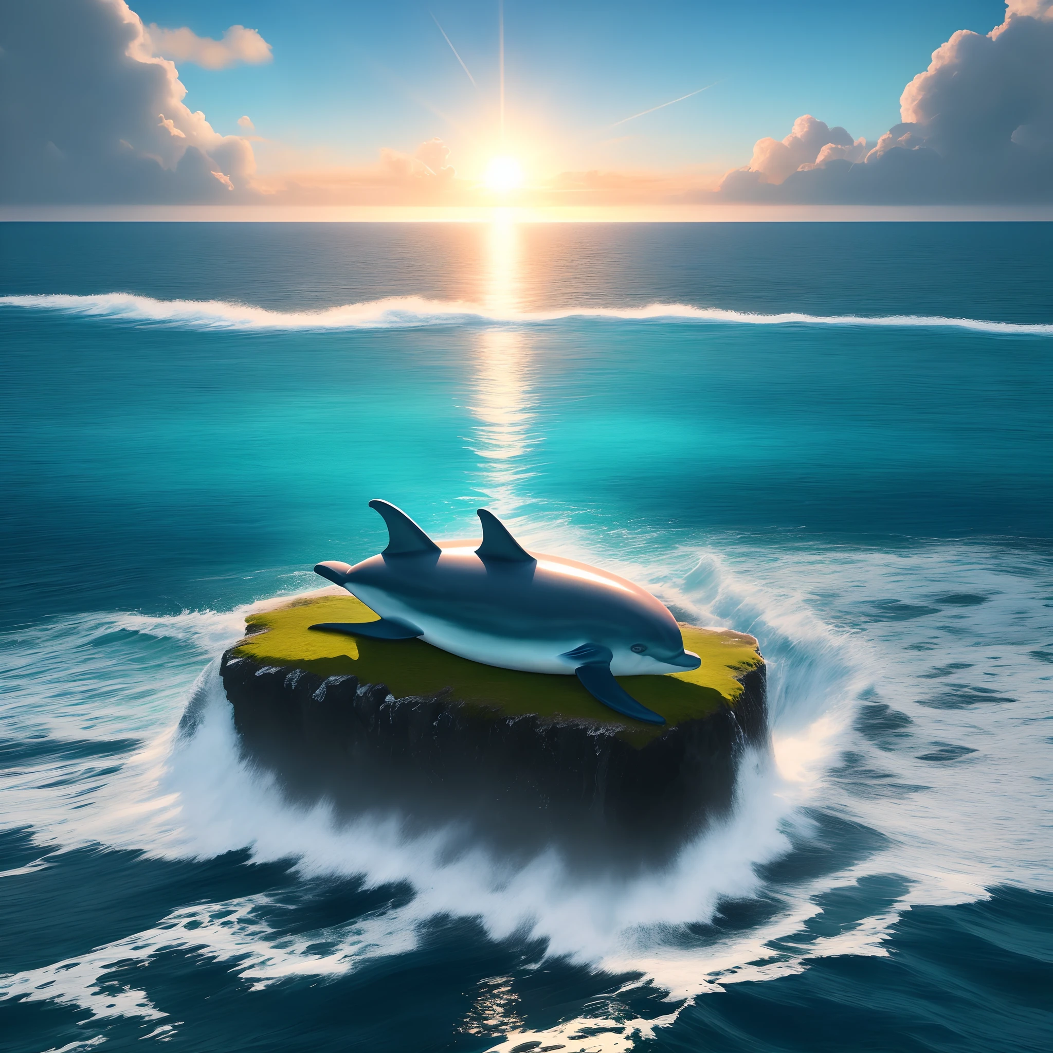 Middle of the ocean afternoon time scorching sunlight bright clear sunlight clear and transparent ocean water pale blue water colour , dolphin 8kquality cinematic calm environment cinematic hyper realistic 8k ultra hd