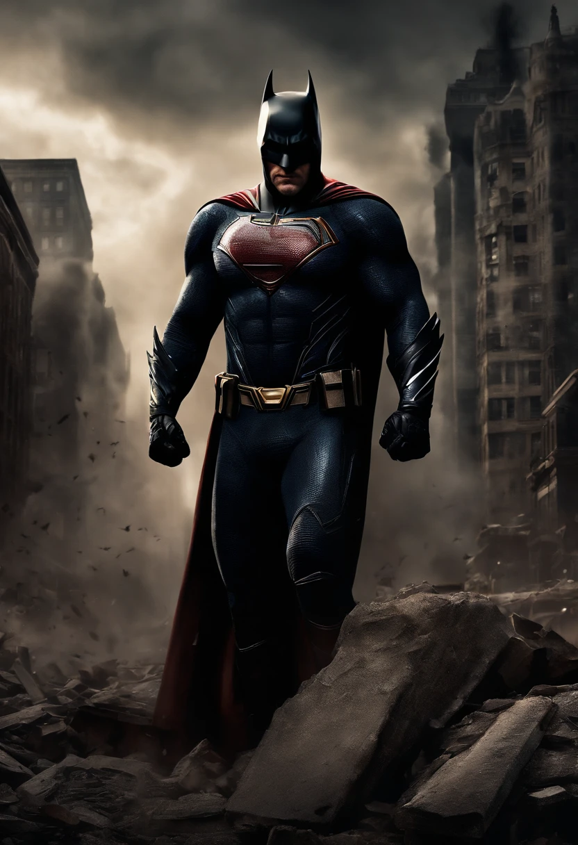 (best quality,4k,8k,highres,masterpiece:1.2),ultra-detailed,(realistic,photorealistic,photo-realistic:1.37),dark,contrasting,destroyed city,brooding,nighttime,action-packed,superhero showdown,gloomy atmosphere,intense battle,Batman,Superman,comic book-inspired,high-tech gadgets,epic clash,broken buildings,shattered windows,ruined skyline,ominous clouds,incredible strength,superhuman abilities,heroic poses,cape billowing in the wind,explosions and debris,fierce determination,intense glare,foreboding shadows,crackling electricity,iconic symbols,gritty realism,detailed armor,rippling muscles,dynamic composition,expertly crafted perspective,urban chaos,massive destruction,ultimate power struggle,world in peril,emotional depth,unleashed power,bravery and courage,iconic characters' face-off,visually stunning,monumental battle,life-or-death confrontation,earth-shattering impact,indomitable spirit,breathtaking encounter,rich color palette,moody lighting,high contrast,mesmerizing energy,powerful presence,electrifying visuals.