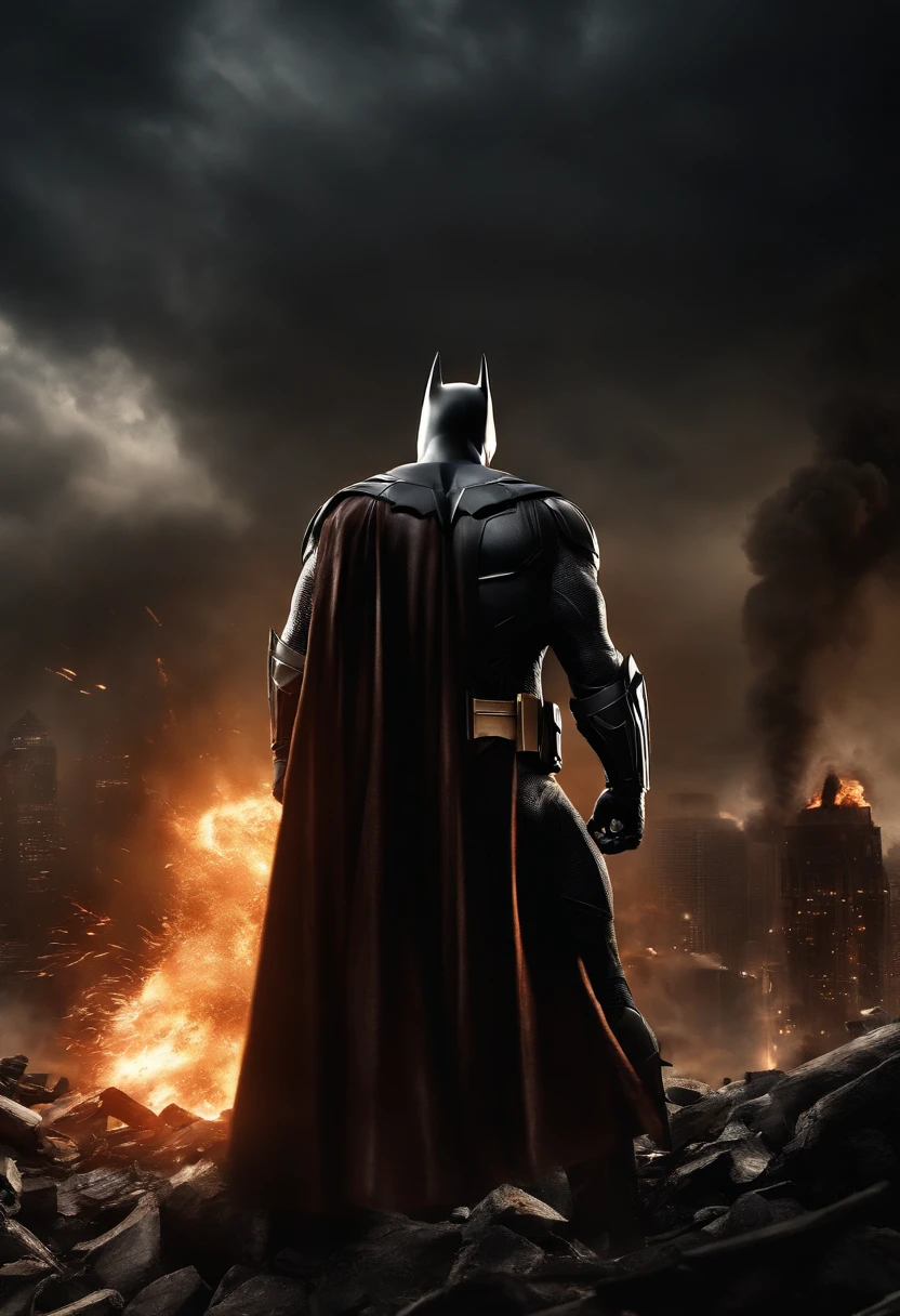 (best quality,4k,8k,highres,masterpiece:1.2),ultra-detailed,(realistic,photorealistic,photo-realistic:1.37),dark,contrasting,destroyed city,brooding,nighttime,action-packed,superhero showdown,gloomy atmosphere,intense battle,Batman,Superman,comic book-inspired,high-tech gadgets,epic clash,broken buildings,shattered windows,ruined skyline,ominous clouds,incredible strength,superhuman abilities,heroic poses,cape billowing in the wind,explosions and debris,fierce determination,intense glare,foreboding shadows,crackling electricity,iconic symbols,gritty realism,detailed armor,rippling muscles,dynamic composition,expertly crafted perspective,urban chaos,massive destruction,ultimate power struggle,world in peril,emotional depth,unleashed power,bravery and courage,iconic characters' face-off,visually stunning,monumental battle,life-or-death confrontation,earth-shattering impact,indomitable spirit,breathtaking encounter,rich color palette,moody lighting,high contrast,mesmerizing energy,powerful presence,electrifying visuals.
