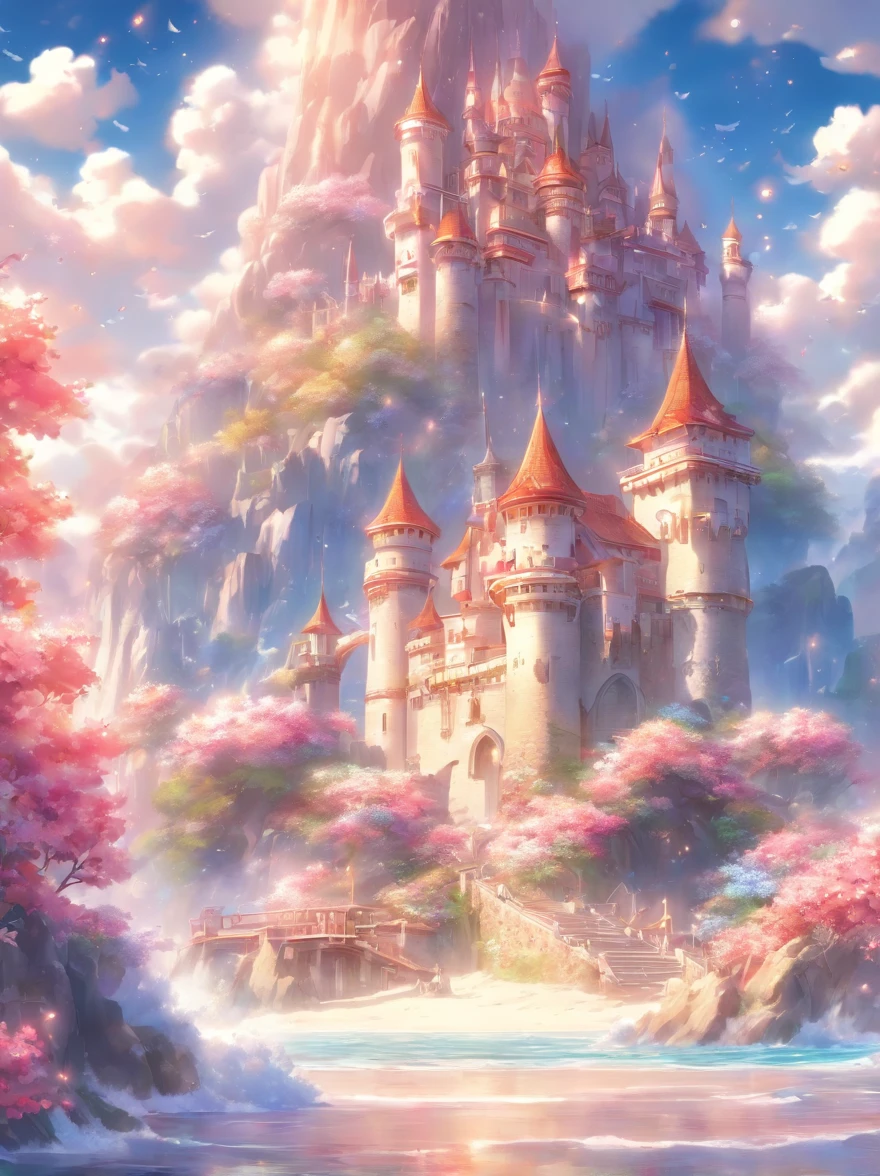 Castle, Flowers, delicate scene, sky, White clouds, and sunlight shine on the snow-white beach. Birds, Pink flowers and bright large shells, diamond crystal, On the beach, fantasy, Night sky, Moon, Smoke, Fire, Photo, HD, 8K, hyper HD, Super detail, High quality, 1080p