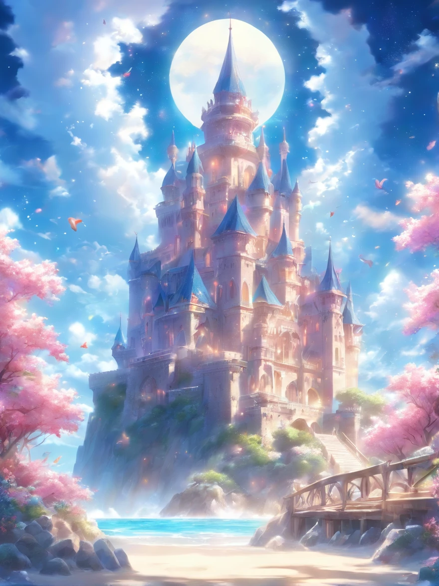 Castle, Flowers, delicate scene, sky, White clouds, and sunlight shine on the snow-white beach. Birds, Pink flowers and bright large shells, diamond crystal, On the beach, fantasy, Night sky, Moon, Smoke, Fire, Photo, HD, 8K, hyper HD, Super detail, High quality, 1080p