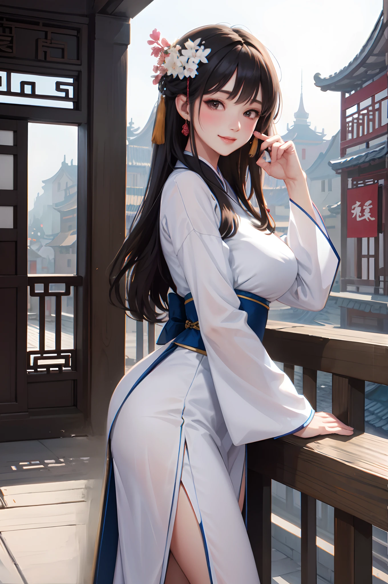 1lady solo, hanfu, mature female, /(black hair/) bangs, blush kind smile, (masterpiece best quality:1.2) delicate illustration ultra-detailed, large breasts BREAK /(traditional townscape in China/), detailed background