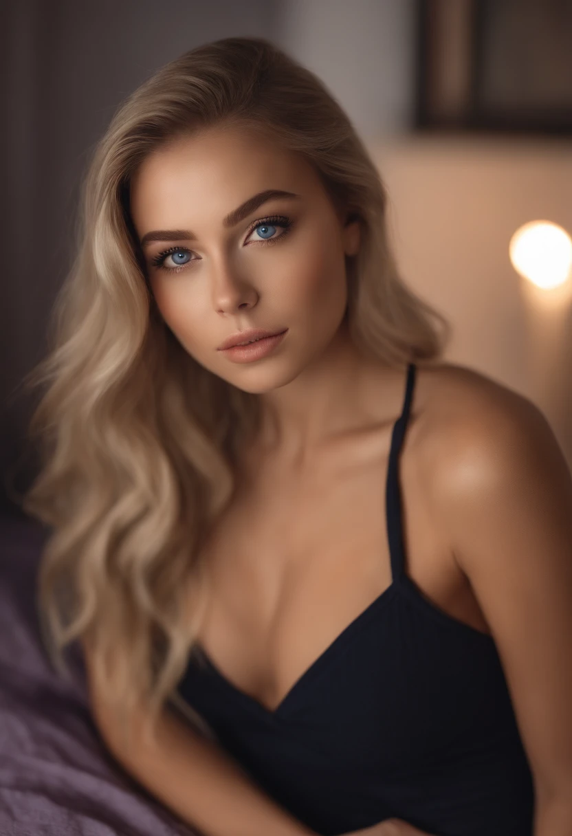 arafed woman fully , sexy girl with blue eyes, ultra realistic, meticulously detailed, portrait sophie mudd, blonde hair and large eyes, selfie of a young woman, bedroom eyes, violet myers, without makeup, natural makeup, looking directly at the camera, face with artgram, subtle makeup, stunning full body shot kneeling on bed, in bedroom, medium to large size bust, fully naked